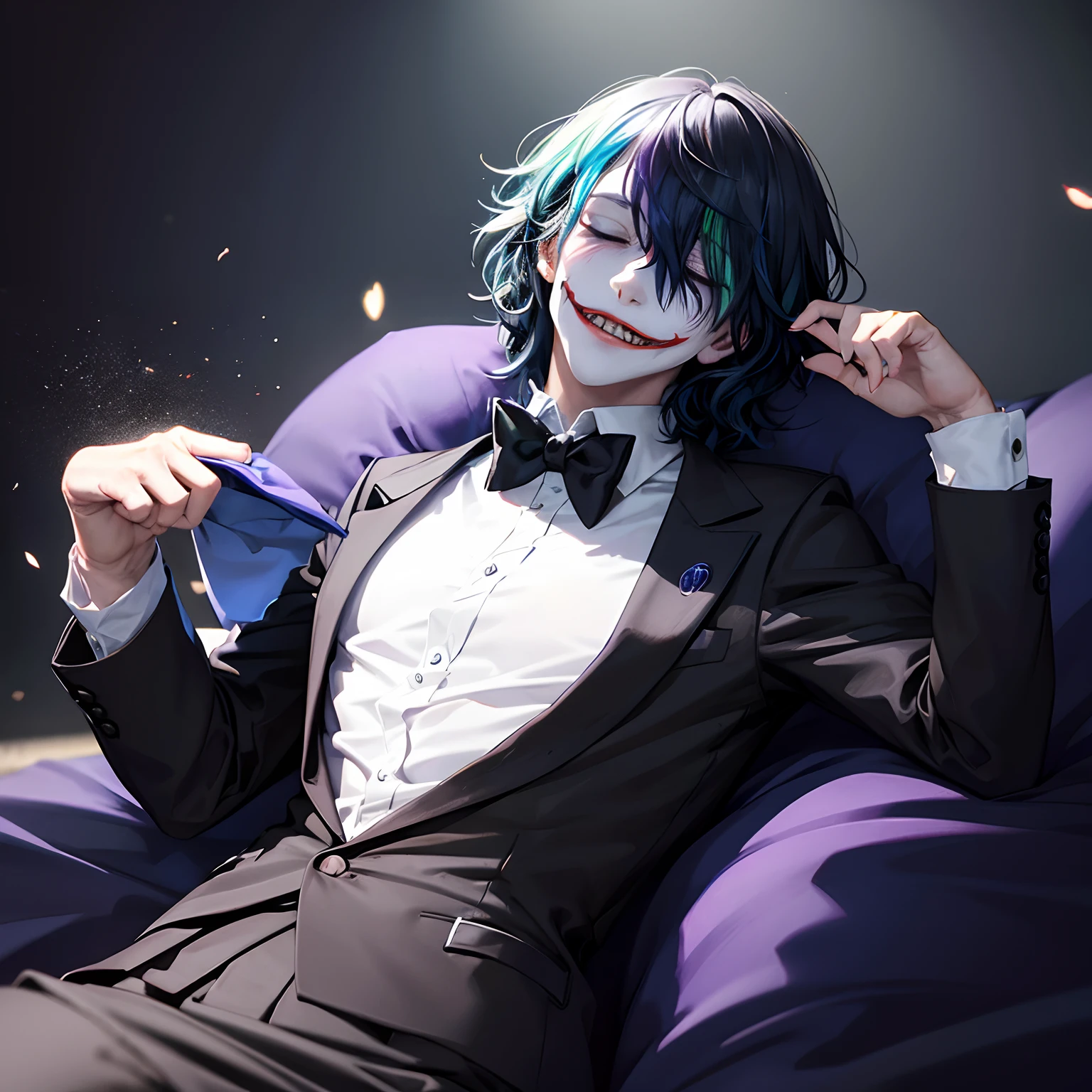 finest image, detailed and delicate depiction, Joker taking a nap, blurry background black iridescent light particles