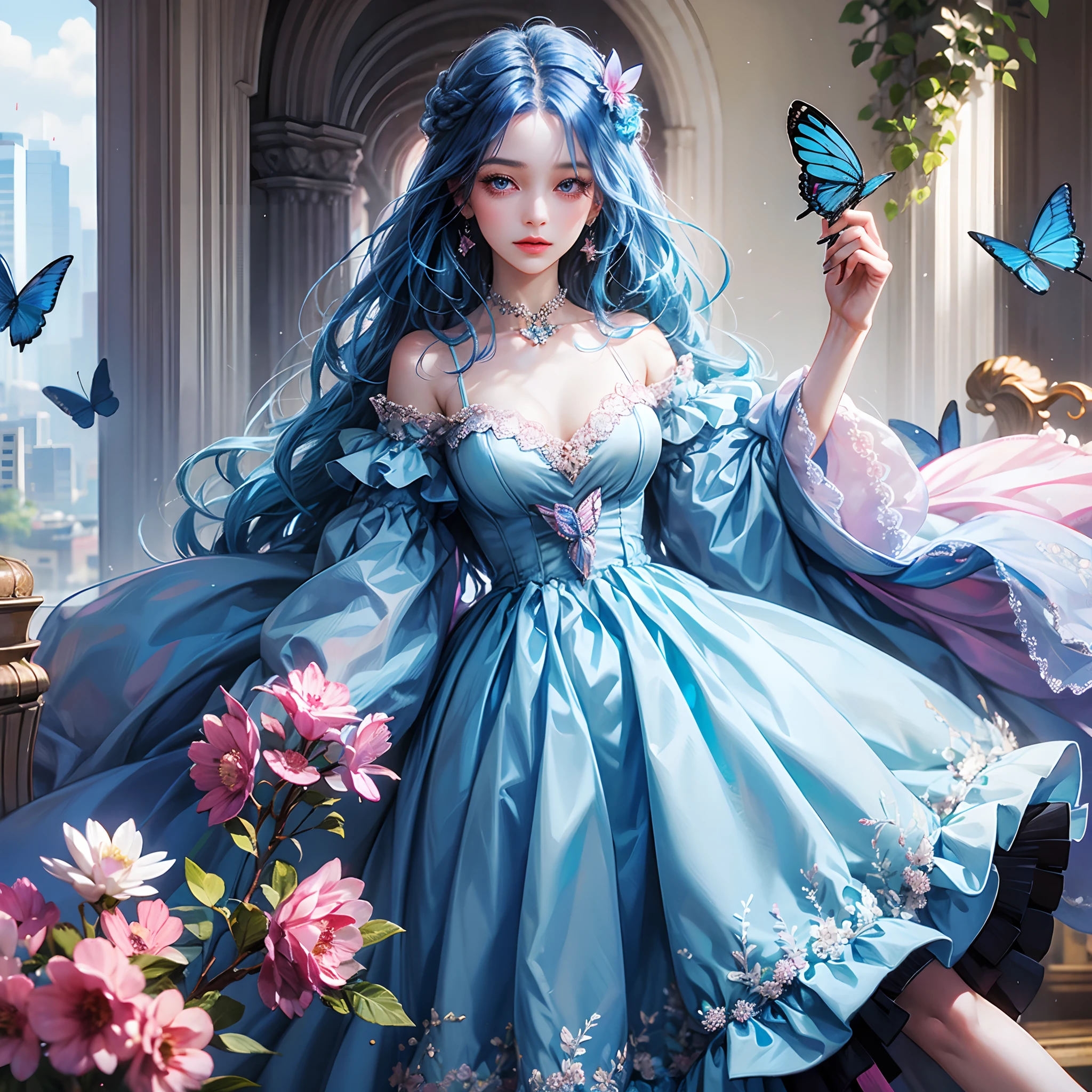 a women, blue butterfly, blue hair, pink eyes, blue dress