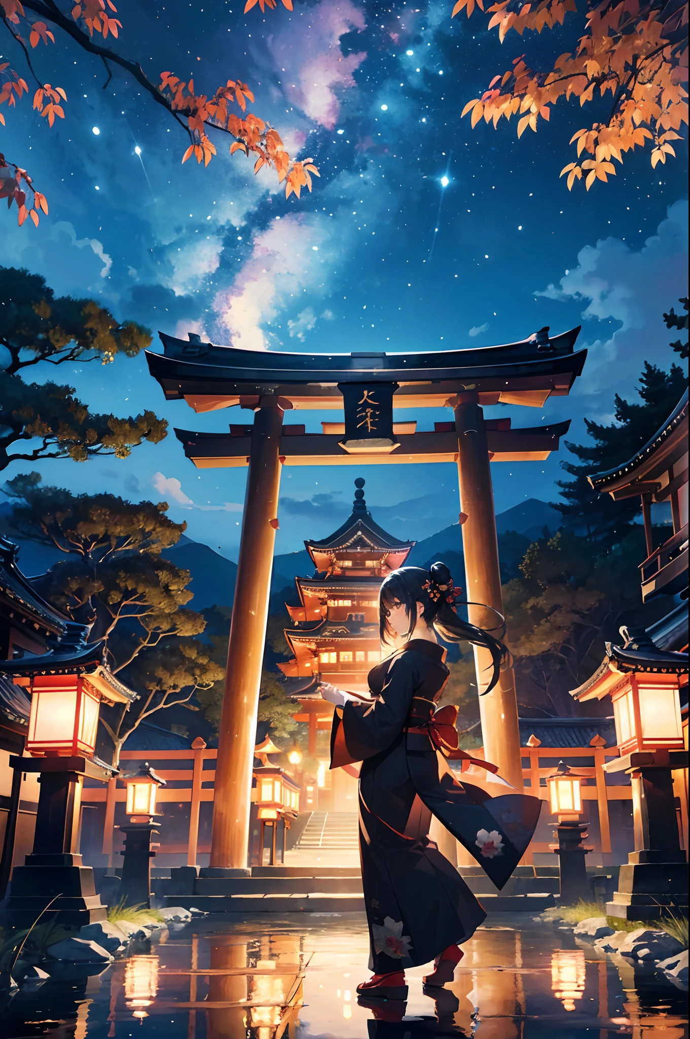 (Official art、Best Quality、Unity 8k Wallpapers、32K、​masterpiece、ultra-detailliert、超A high resolution、realisitic、Photorealsitic:1.2)、(Cinematic lighting:1.2)、Fireglow effect、film grains、Best Shadows、Rim lighting、side lights、(Ultra-detailed and complex 3D rendering)、Detailed beautiful face and eyes、A slender、Medium bust、(Full body:1.2)、(sideshot、Looking away:1.2)、(Mystical、moonlights)、Highly detailed background、beauitful face、a beauty girl、(super detailed skin、detailed skin textures:1.3)、Have a lantern、Japan garden、cowboy  shot、Tree with red leaves on tower background々, Japan at night, japan sightseeing, japan deeper travel exploration, japanese temples, pagoda, during night!!, set at night, during night!, けもの, Vivid!!, japanese city at night, full - view, ancient japanese architecture, by Torii Kiyomasu II, november, kyoto japan setting