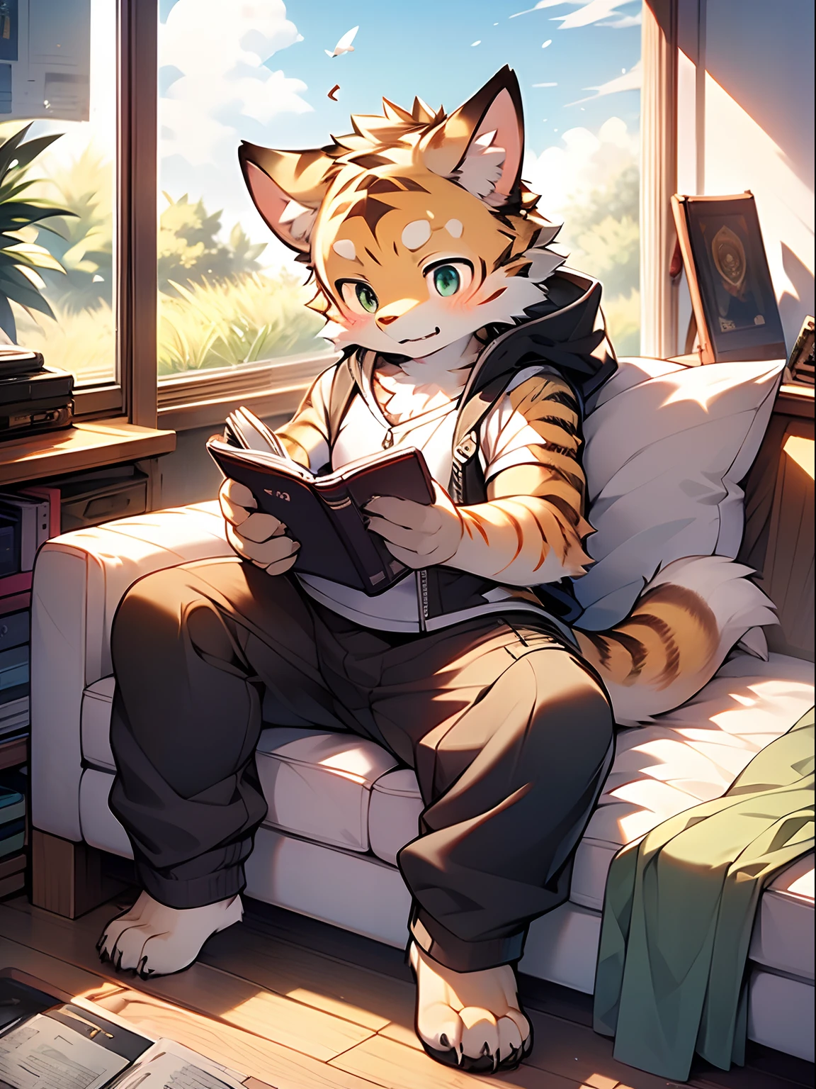 Masterpiece, Best quality, Perfect anatomy, author：K0bit0wani, author：Milk Tiger 1145, (author：Dekkers:0.3), Furry, coyote, Solo, Male, baggy pants, Shirtless, Eau, Abs, legs separated, Small raised, Slightly chubby figure, holding book, Detailed background, music sheets, Leaning back, Butterfly, Grass，Shota，Libido boy