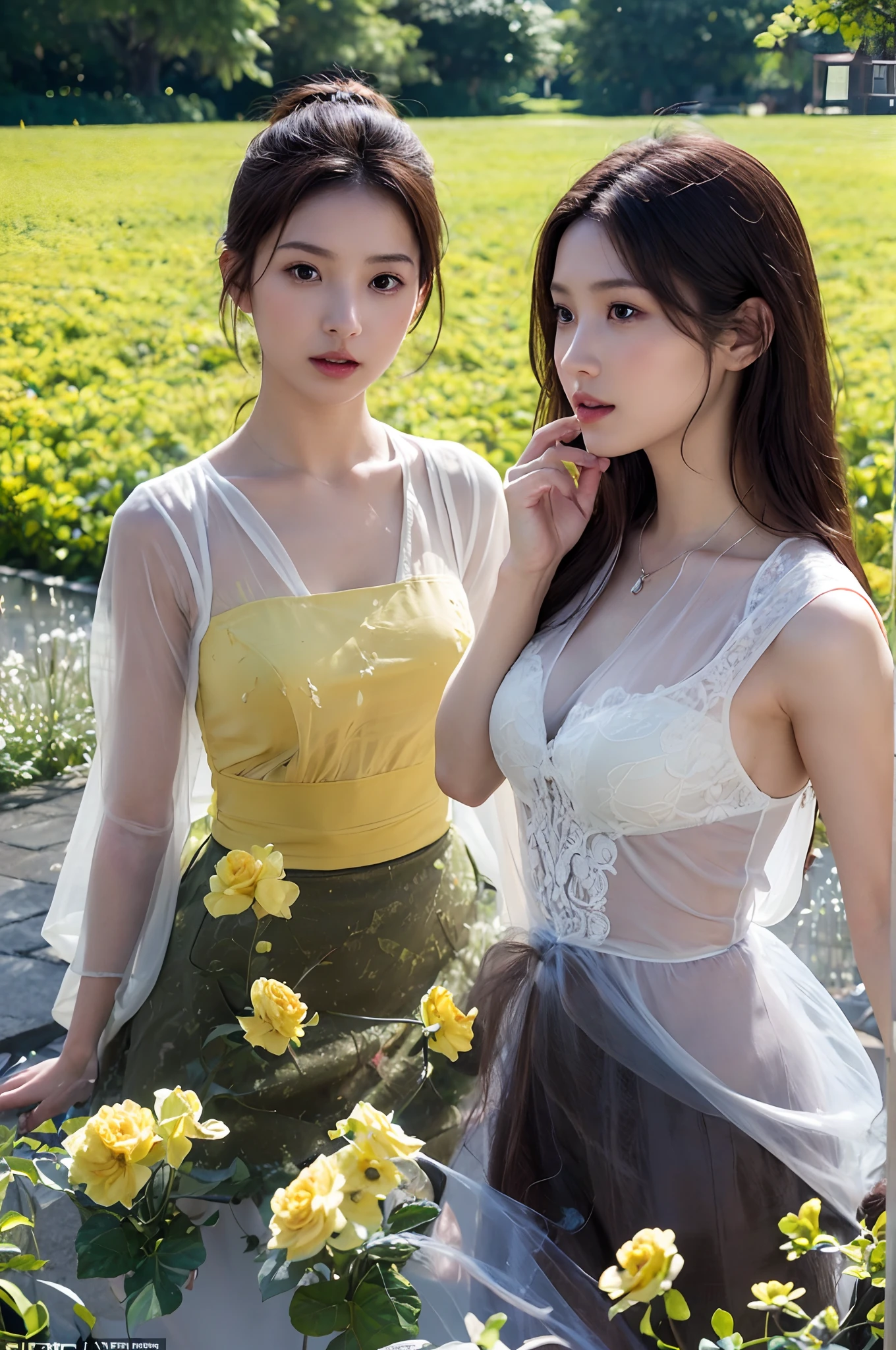 ray tracing,raw photograph,The proportions are the same for all races, All faces and pictures must be different,((Close-up portrait of two young people_Woman in transparent dress))Silk lace,leering:1.3,caressing the:1.3,Embroidery pattern,Belorusin,long wavy blond hair, standing on a flower field, Large cornflower in the foreground (Bokeh:1.2)), Masterpiece, award winning photography, lighting, Perfectcomposition, High detail, Ultra photo realsisim,Dramatic lighting, Epic,(Dynamic pose:1.2),(Dynamic camera),photo RAW,