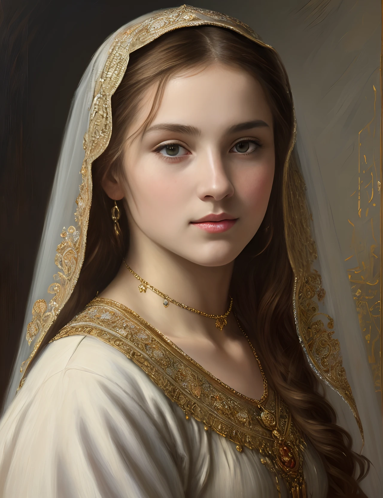 Masterpiece, detailed art, portrait, girl, middle ages, classicism, andrey atroshenko style, painting, traditional media, realistic, figurative, fine art, oil on canvas, HDR, 8K, original character, high resolution, high detail, focus on the face, intricate, flawless, wearing a veil