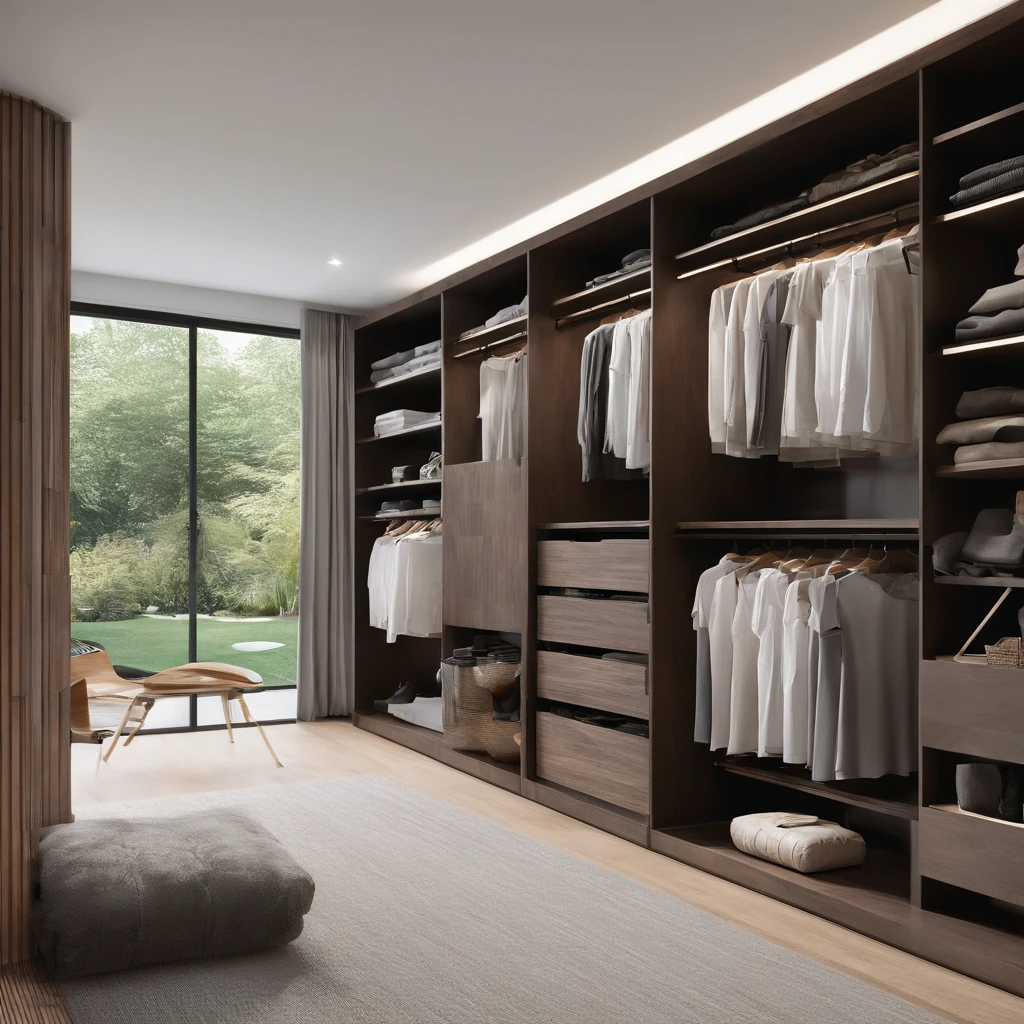 Modern walk-in closet, wooden furniture