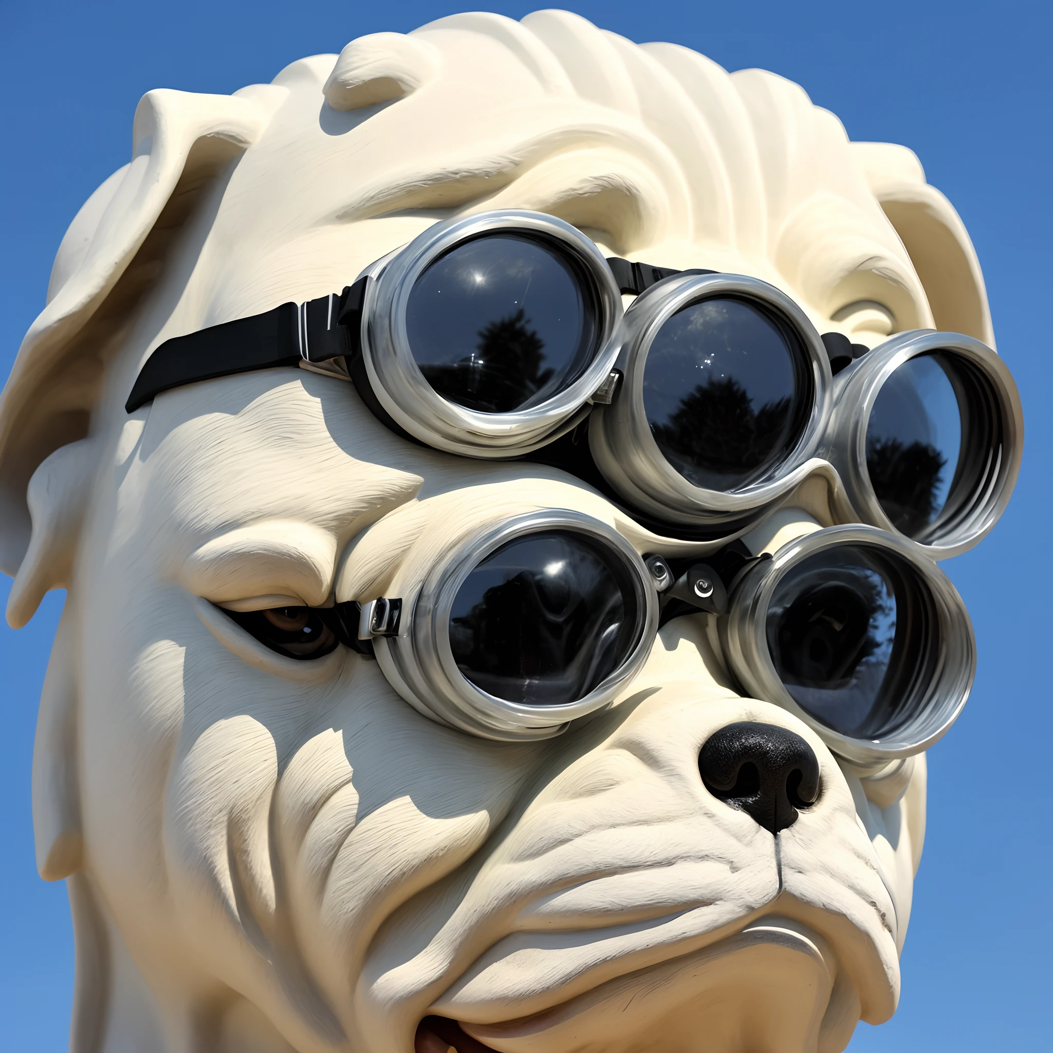 A bulldog face on Greek sculpture wearing goggles