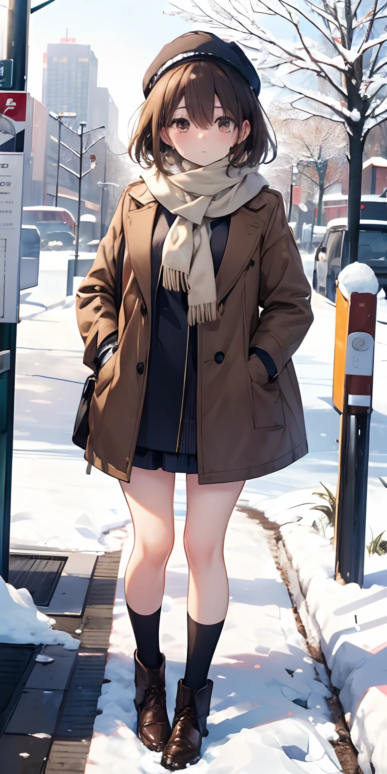 (masterpiece),(best quality), Yuki, brown fur, scarf, legs, Thick knee thighs, blank eyes, expressionless face, park, bus stop, standing, snow, Snowing, tree, Nature,