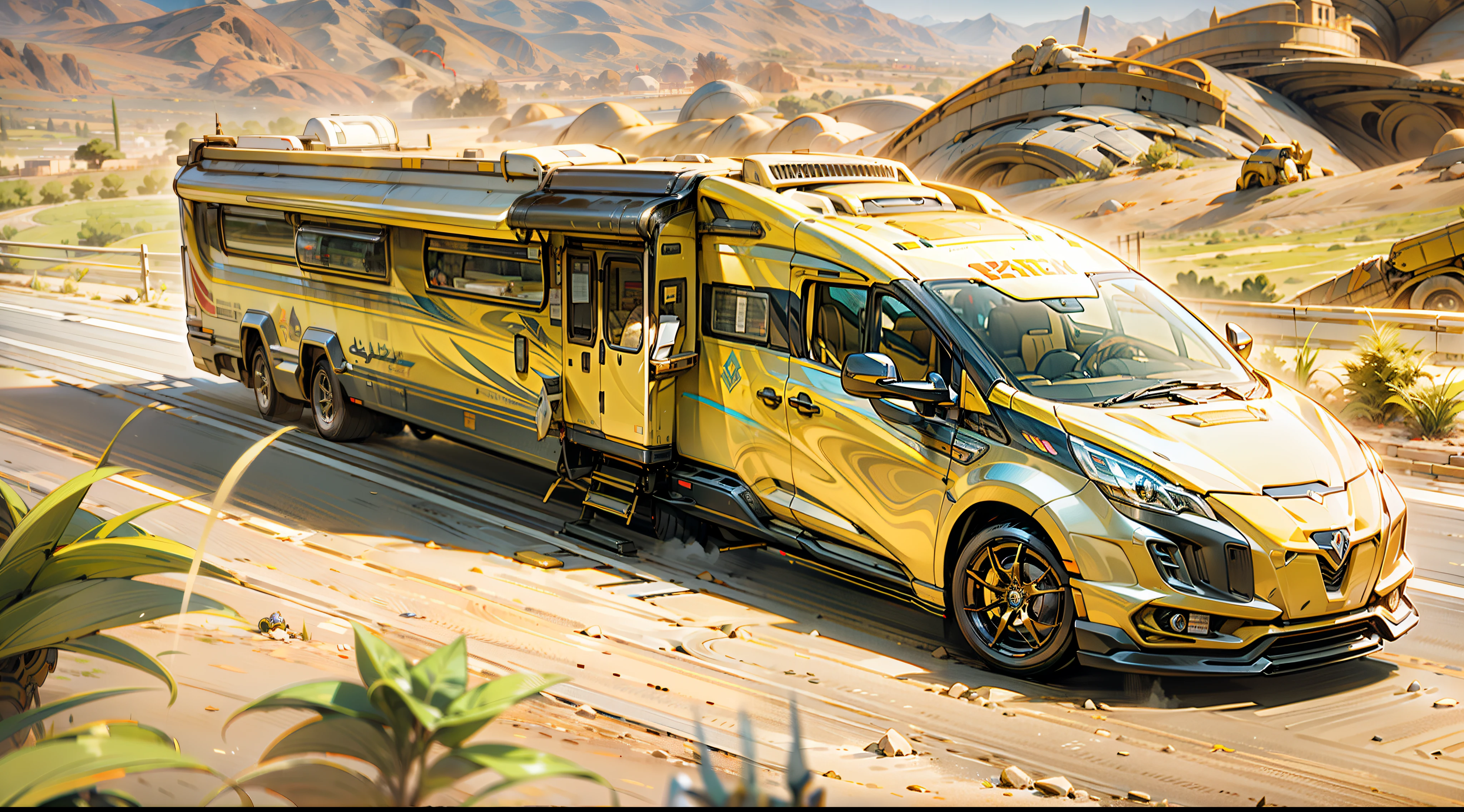 Arabian sci-fi luxury motorhome . A sci-fi fusion of Arabian luxury motorhomes，The entire body is covered with gold trim，inlaid gemstones，Arabic decorative motifs，The flat silver eagle statue adorns the front of the car，A large number of high-tech products，Streamlined，.The design is perfect, Combining high-tech and Arabian characteristics.The body is streamlined, moving rapidly，The rear is slightly raised，Improve aerodynamic efficiency. . The body is dominated by gold, Bold, white and black. It may also have Arabic inscriptions on its body，More visible on the road。Under the light, It shows a more luxurious effect, Add to the sense of technology of luxury motorhomes. . The background may be in the desert outside the future Arab megacities，Perfectcomposition，the detail，The light and shadow work best，HighestQuali，tmasterpiece