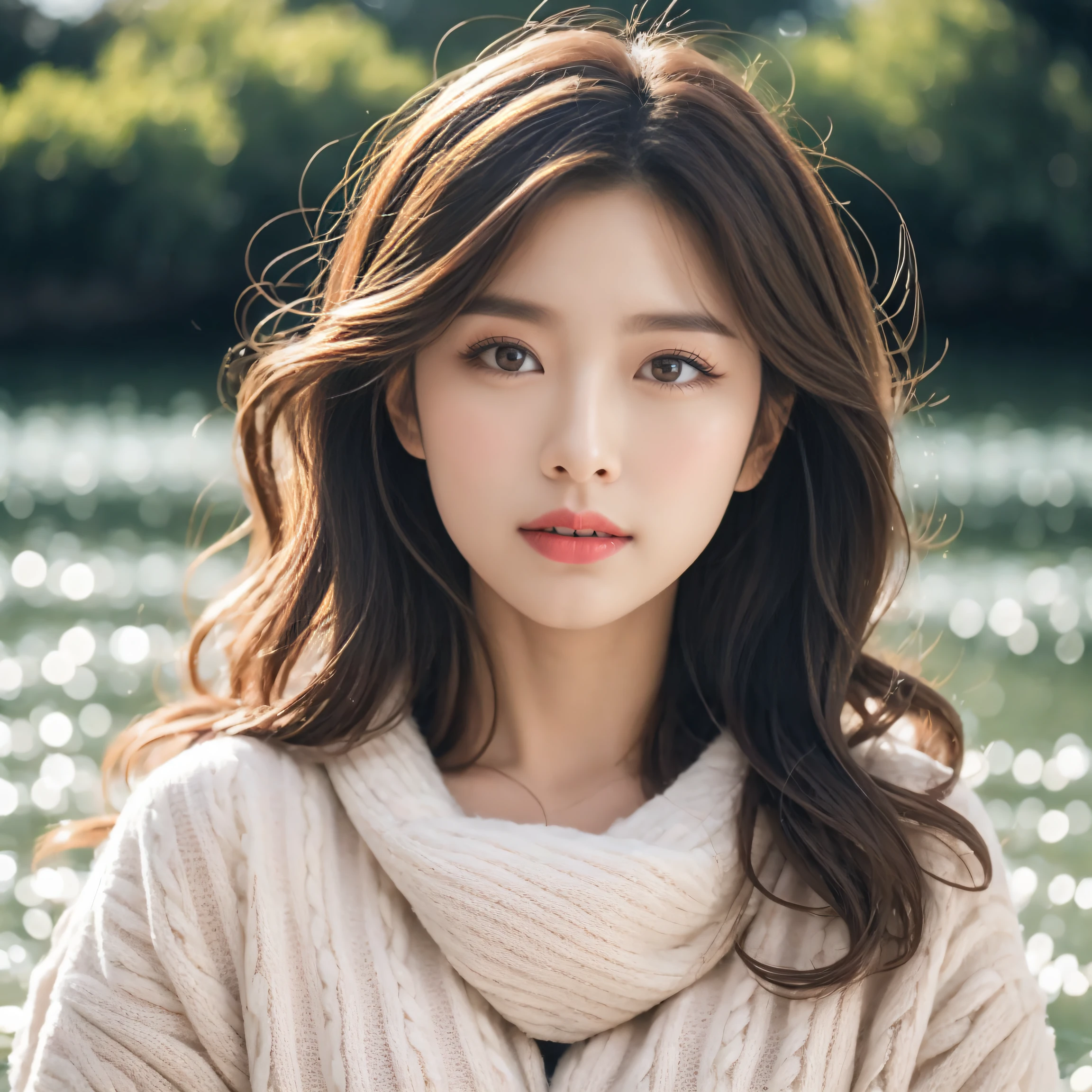 1girl walking on the river, mix4, sweater, pillow, lips, open_mouth, realistic, photo_\(medium\), solo, stuffed_animal, stuffed_toy, teddy_bear,(masterpiece),(photorealistic:1.3), ultra-detailed, (high detailed skin:1.2),(best quality:1.0), (ultra highres:1.0), (ulzzang-6500:0.3), wavy detailed hair, long hair, sunshine, (beautiful detailed makeup), (sexually aroused blushing heavy breathing:1.0), floral theme flower petals scattered, (soft glow bloom:0.5)