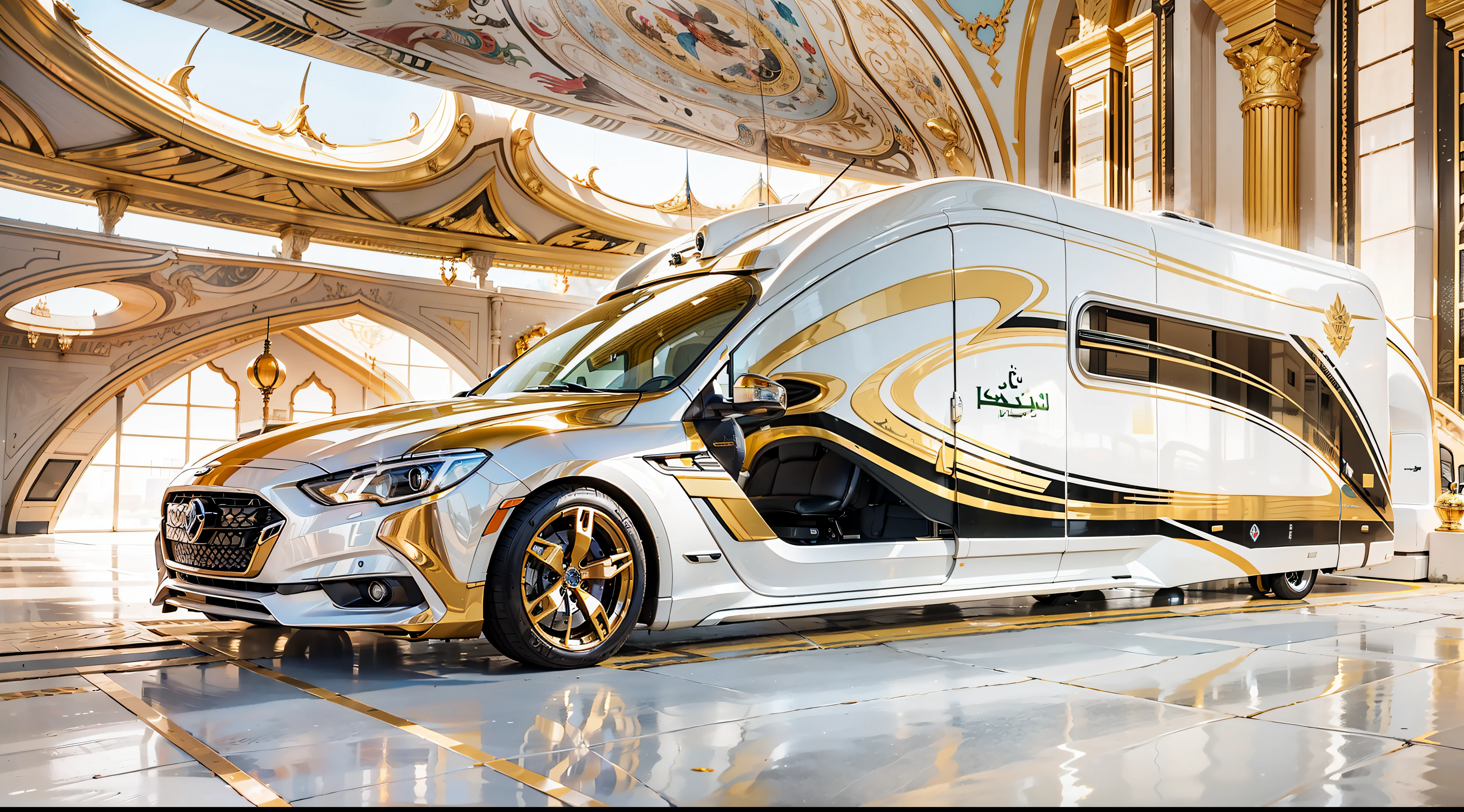 Arabian sci-fi luxury motorhome . A sci-fi fusion of Arabian luxury motorhomes，The entire body is covered with gold trim，inlaid gemstones，Arabic decorative motifs，A flat statue of a silver eagle adorns the front of the car，A large number of high-tech products，Streamlined，.The design is perfect, Combining high-tech and Arabian characteristics.The fuselage is streamlined, moving rapidly，The rear is slightly raised，Improve aerodynamic efficiency. . The body is dominated by gold, Bold, white and black. It may also have Arabic inscriptions on its body，More visible on the road。Under the light, It shows a more luxurious effect, Add a sense of technology to luxury motorhomes. . The background may be in the desert outside the future Arab megacities，Perfectcomposition，the detail，The light and shadow work best，HighestQuali，tmasterpiece