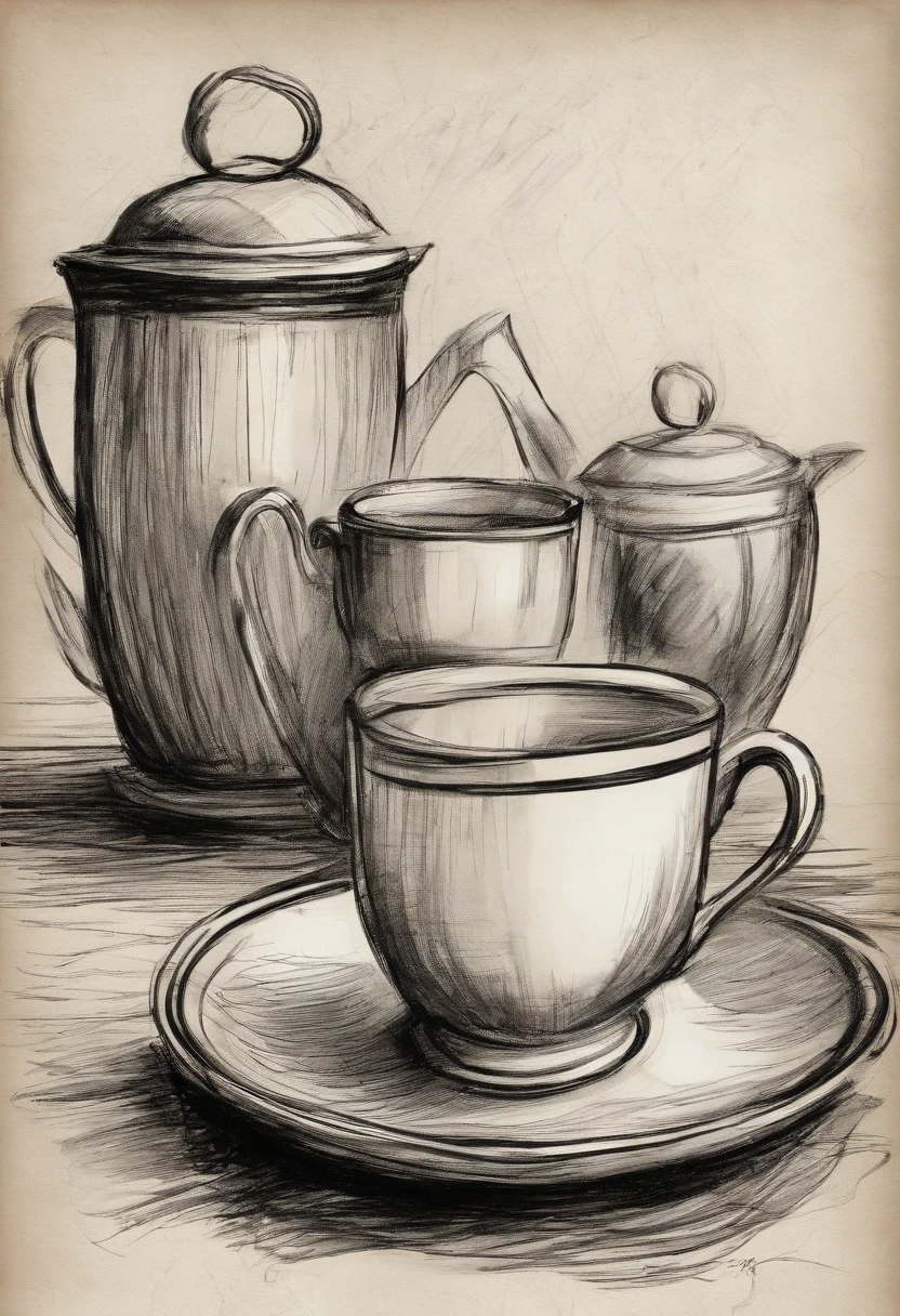Rough coal sketch on old paper, Neat line art,+Lines of expression,Paint in an expressive sketch style, hatching, black and white sketch, hand drawn, Rough coal sketch on old paper, Neat line art,+Lines of expression,Paint in an expressive sketch style, hatching, black and white sketch, hand drawn, sketchpad, Linear style::Sketch Notes Style Sketch, Linear style::Sketch annotation style, image of cup of tea, no background
