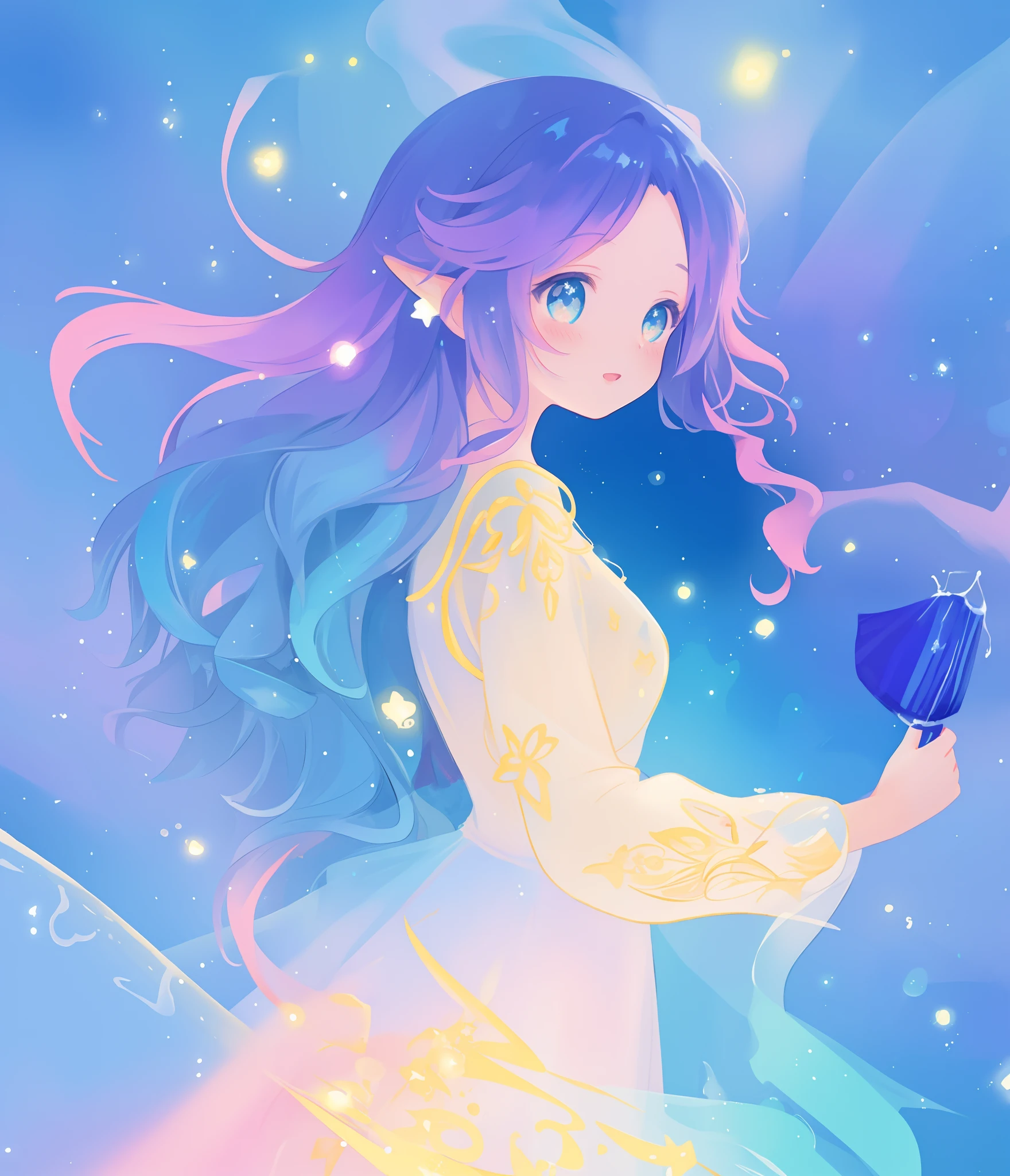 beautiful anime girl in colorful multi-layered ballgown, vibrant pastel colors, (colorful), magical lights, sparkling liquid light, colorful wavy hair, inspired by Glen Keane, inspired by Lois van Baarle, disney art style, by Lois van Baarle, glowing aura around her, by Glen Keane, jen bartel, glowing lights! digital painting, flowing glowing hair, glowing flowing hair, beautiful digital illustration, fantasia background, whimsical, magical, fantasy, beautiful face, ((masterpiece, best quality)), intricate details, highly detailed, sharp focus, 8k resolution, sparkling detailed eyes, liquid watercolor