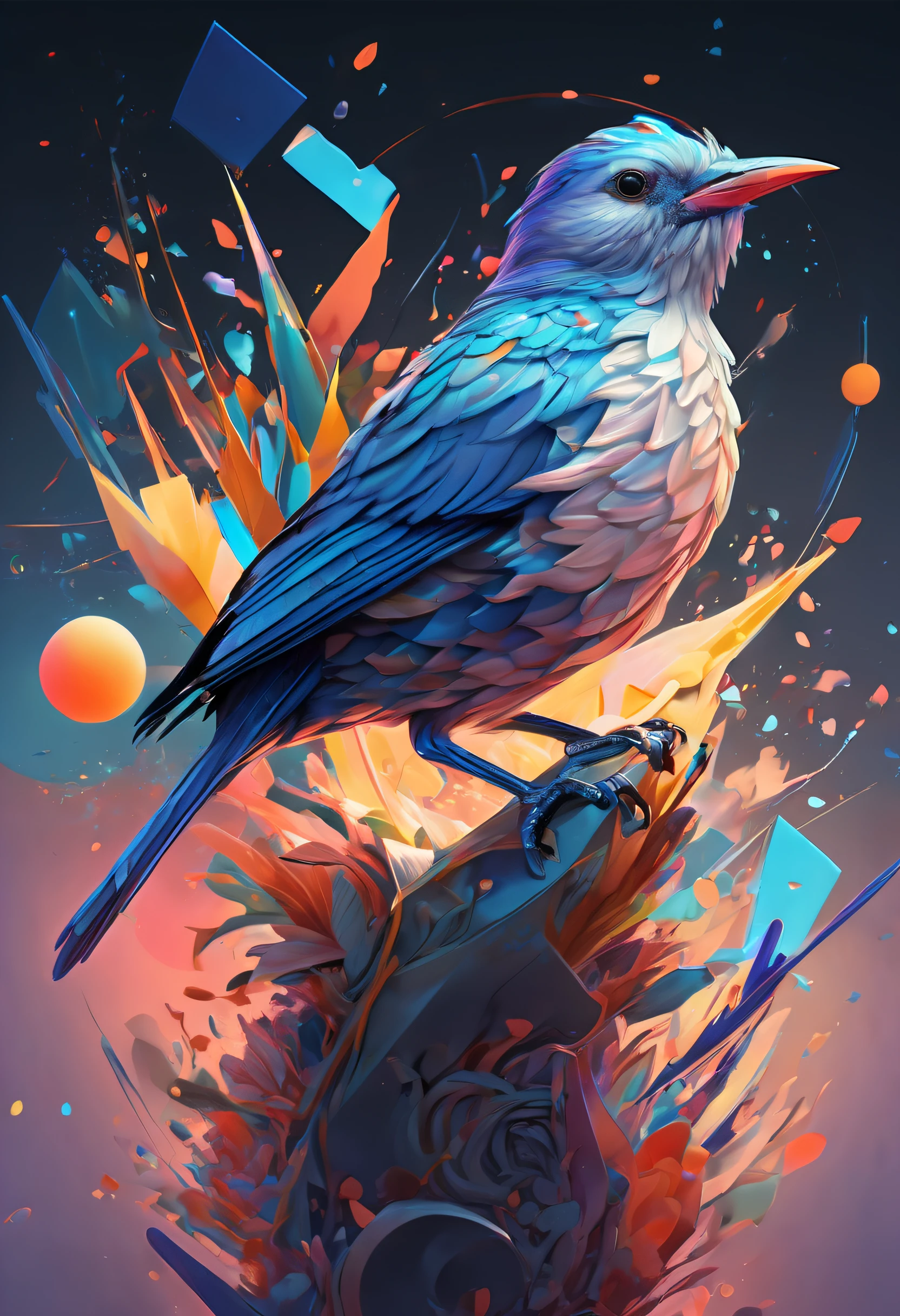 a bird in perfect geometrical harmony, intricate and hyperdetailed by Android Jones, Emily Kell, Rossdraws, Andree Wallin, Sung Choi, fluid ink and oil splash painting artistic fantasy art, album cover art, amazing depth, perfect ratio, hdr, 8k resolution, perfect balanced styles, intense light, muted colors,hyperdetailed masterwork by head of prompt engineering