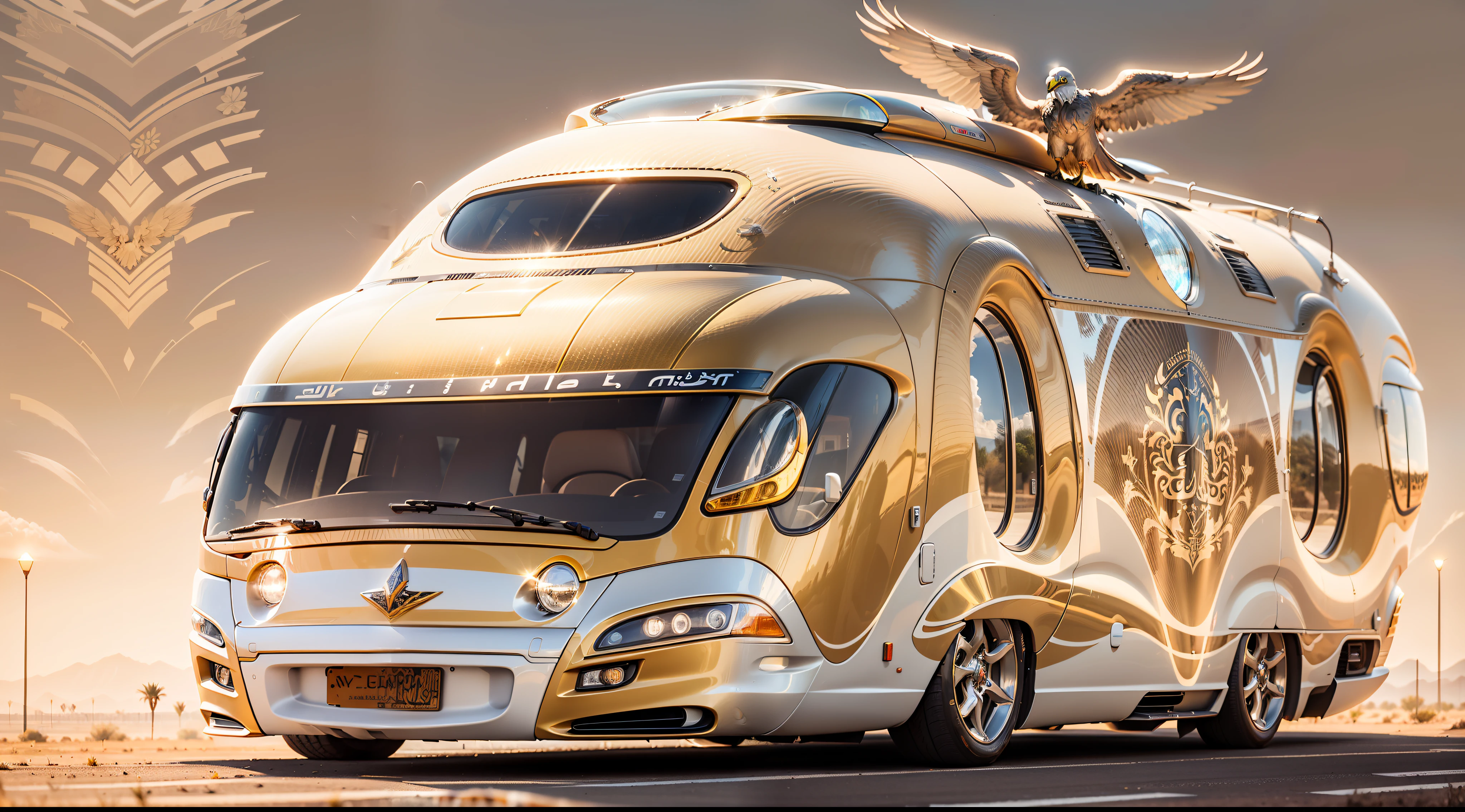 Arabian sci-fi luxury motorhome . A sci-fi fusion of Arabian luxury motorhomes,The entire body is covered with gold trim,inlaid gemstones,Arabic decorative motifs,A flat statue of a silver eagle adorns the front of the car,A large number of high-tech products,Streamlined,.The design is perfect, Combining high-tech and Arabian characteristics.The fuselage is streamlined, moving rapidly,The rear is slightly raised,Improve aerodynamic efficiency. . The body is dominated by gold, Bold, white and black. It may also have Arabic inscriptions on its body,More visible on the road。Under the light, It shows a more luxurious effect, Add a sense of technology to luxury motorhomes. . The background may be in the desert outside the future Arab megacities,Perfectcomposition,the detail,The light and shadow work best,HighestQuali,tmasterpiece