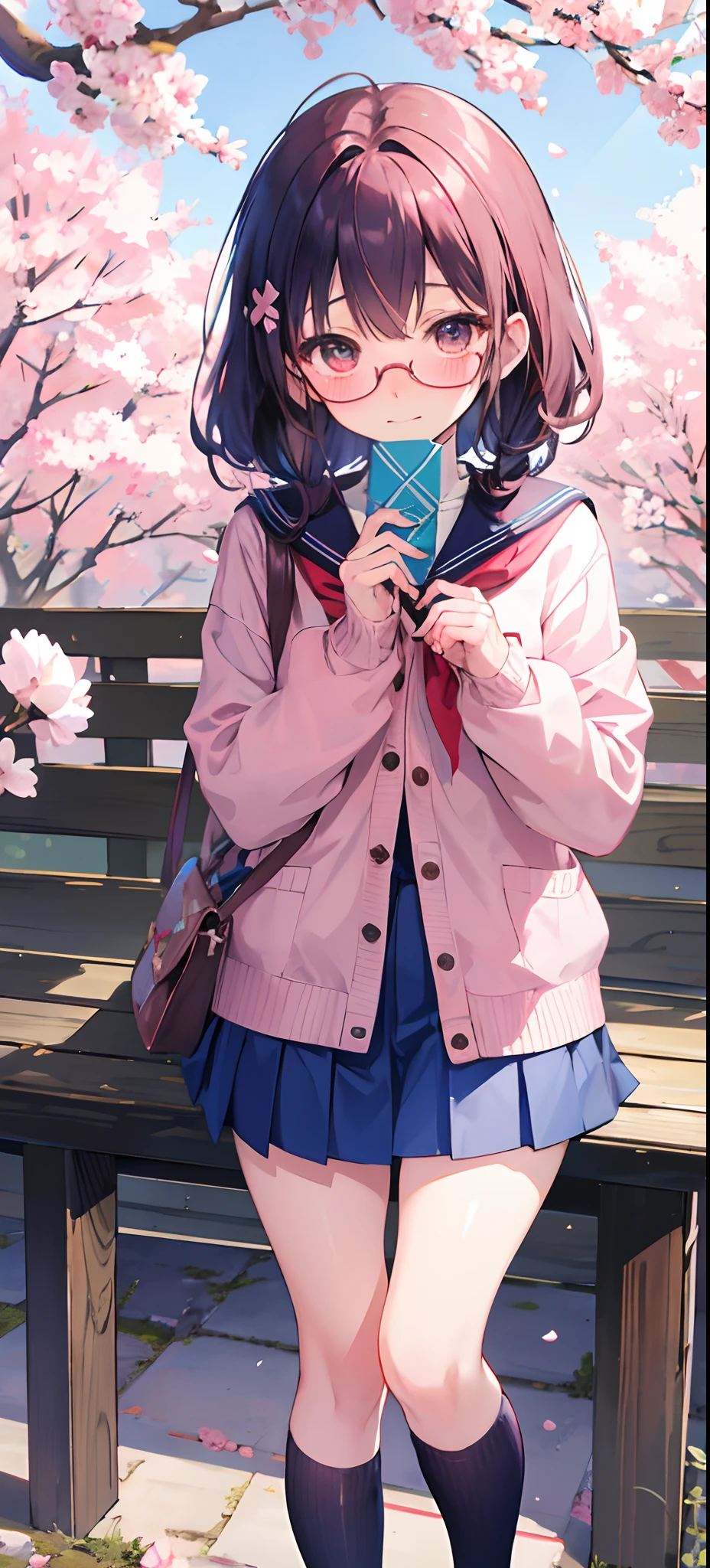 (master piece), (best quality), Yuki, Yuki, winter uniform, cardigan, glasses, blue skirt, Knee thighs, Serafuku, , blush, embarrassed, appointment, chocolate packaging, Valentine, Garden, Sakura, stay standing, petals,