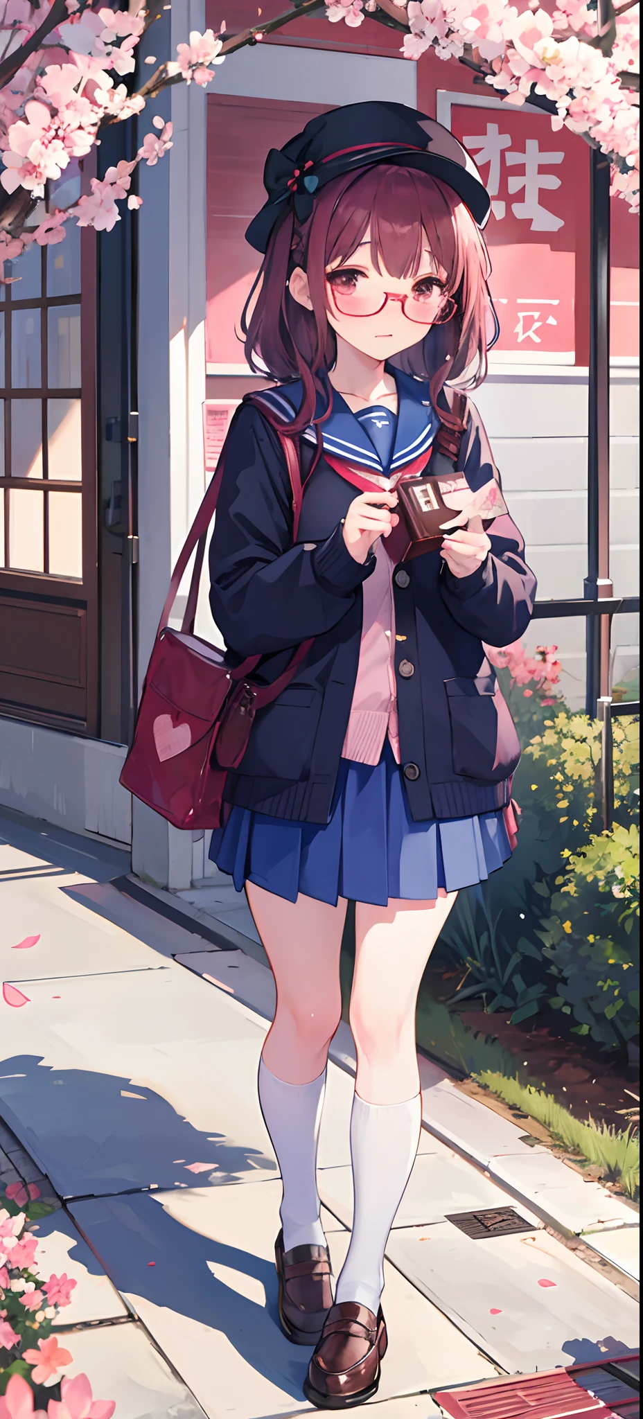 (master piece), (best quality), Yuki, Yuki, winter uniform, cardigan, glasses, blue skirt, Knee thighs, Serafuku, , blush, embarrassed, appointment, chocolate packaging, Valentine, Garden, Sakura, stay standing, petals,