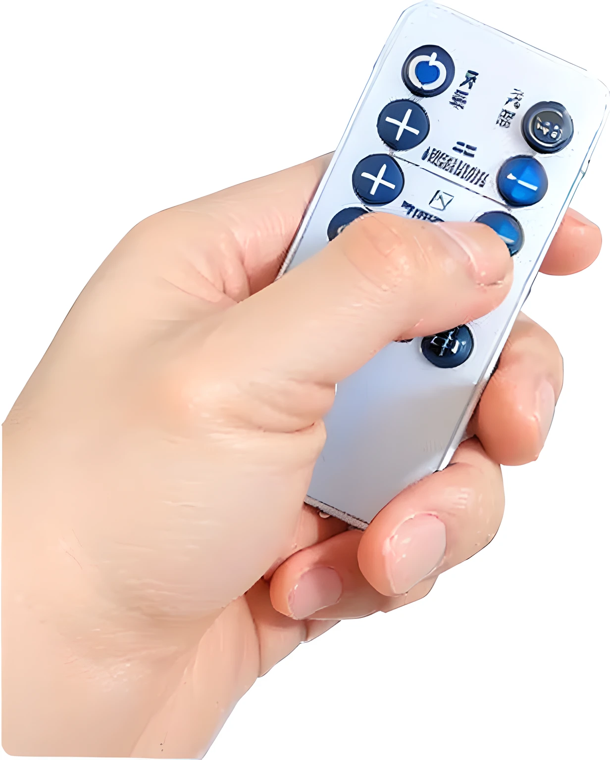 Someone is holding a remote control on a white background in his hand, air conditioner,Perfect hand detailing
