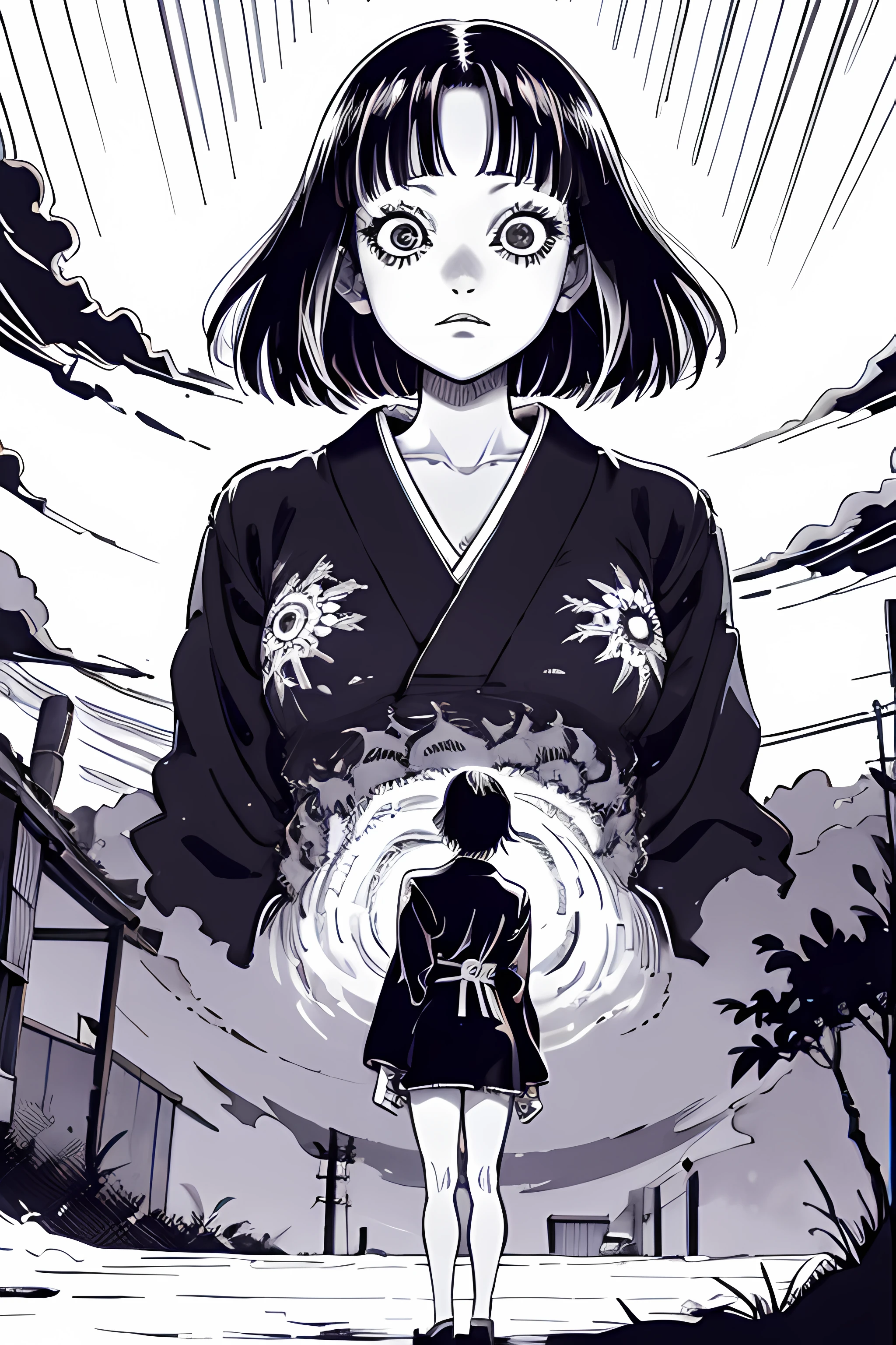 a japanese highschool stident standing in middle tokyo, junji ito style drawing