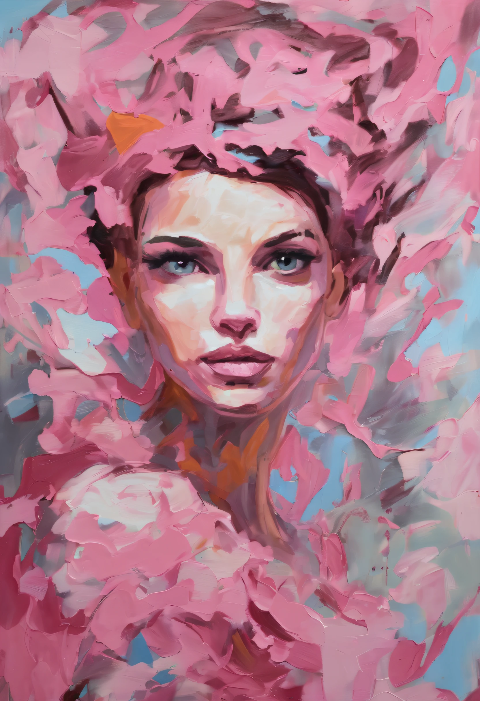 pink camouflage, pixie dream girl, fairy, portrait, feminine, abstract painting