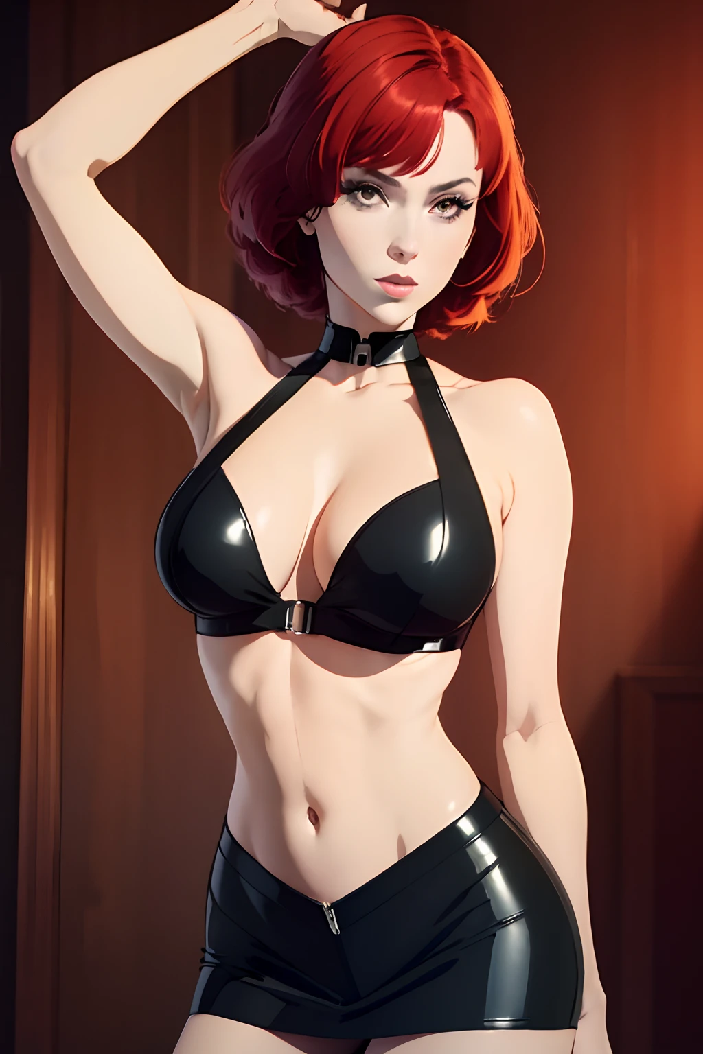 (best quality,highres,masterpiece:1.2),ultra-detailed,realistic,portrait,redhead woman with short red hair and bangs, pale skin, slender body, sensually posing in a black leather outfit, Catwoman style, anime style, black and red color scheme, intense lighting