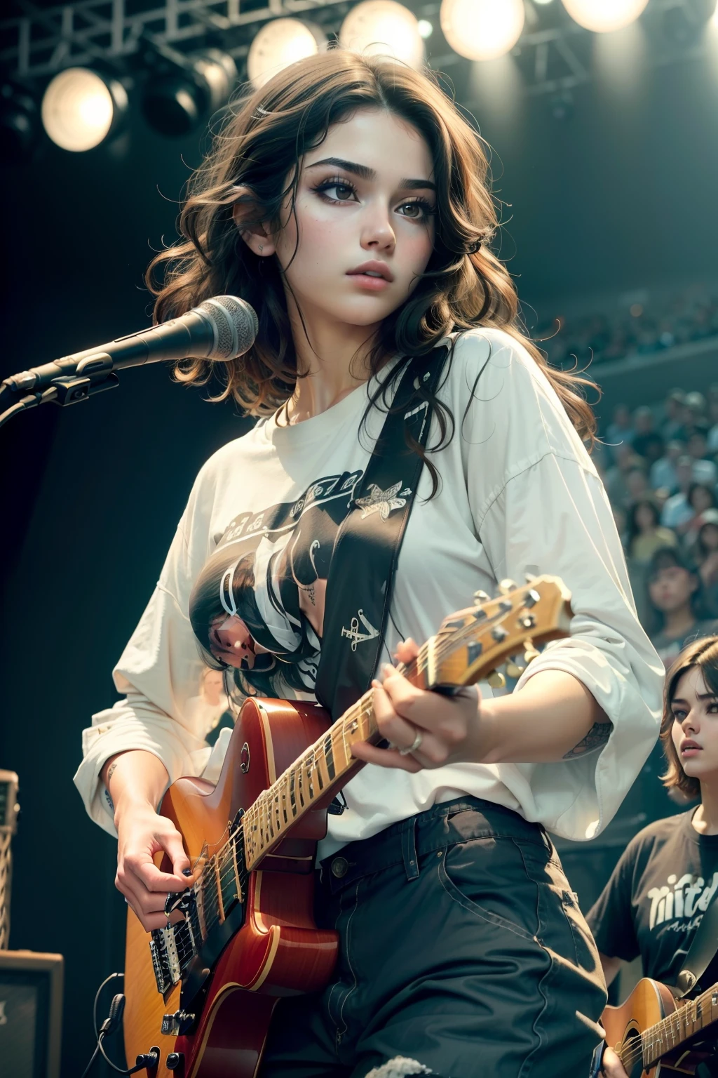 (Masterpiece, Best quality:1.4), (Beautiful, Aesthetic, Perfect, Delicate, Intricate:1.2), (Cute, Adorable), (Depth of field:1.2), cinema shot, Bokeh, Perfect female form, (Perfect face, Detailed face, full pouty lips, Glossy lips, Makeup, eyes liner, Expressive eyes), (Natural breasts, a narrow waist), (Short Long flowy black hair, waist length, Wavy texture), (big shirt, baggy pants), Punk rock chick on stage, (Playing guitar:1.4), Band in background, stadium, Audience, Good hands, better hands,