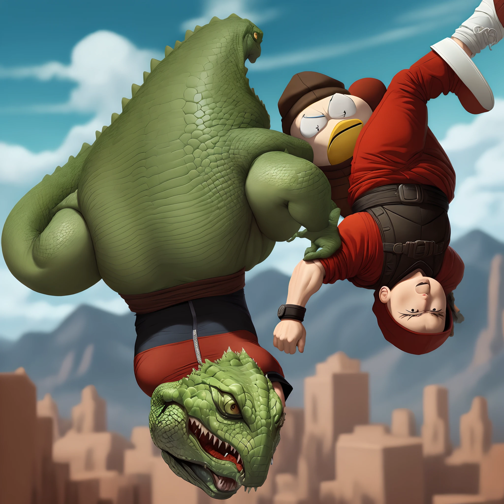Reptile from mortal kombat doing a sick backflip with Eric Cartman dabbing in the foreground