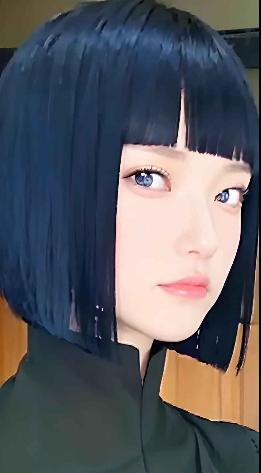 1 woman, Hinata Hyuga, black clothes, short hair, dark blue hair, Byakugan eyes, realistic, very detailed, 70 mm lens