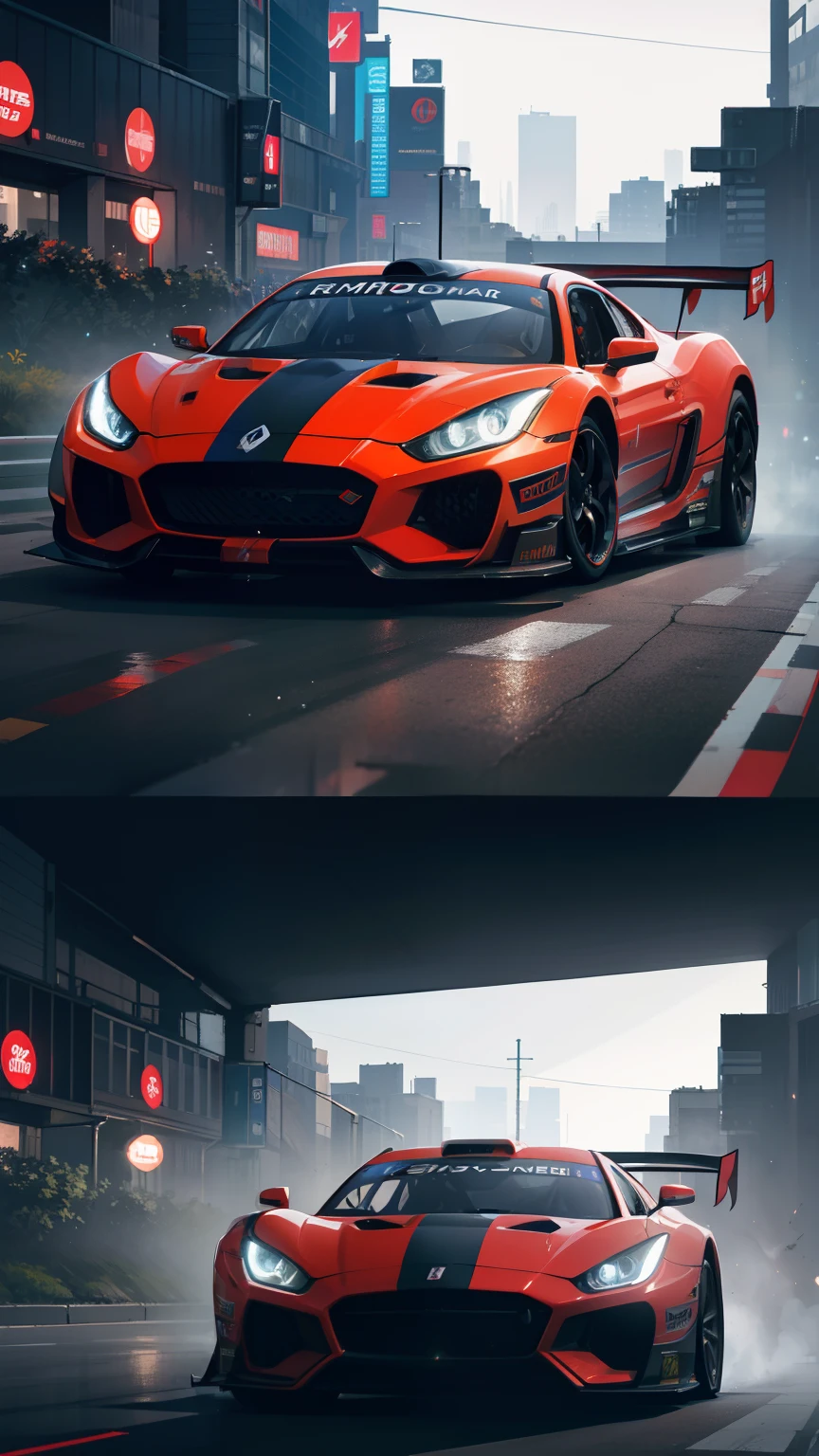 Best quality, masterpiece, ultra high res, Capture the adrenaline-fueled excitement of a sleek, high-performance racing car dripping, red, blue, fires, neon light, dust, full car show, from side, cyberpunk racing car, tokyo cyberpunk night,Detailed,Realistic,4k highly detailed digital art,octane render, bioluminescent, BREAK 8K resolution concept art, realism,by Mappa studios,masterpiece,best quality,official art,illustration,ligne claire,(cool_color),perfect composition,absurdres, fantasy,focused,rule of thirds,