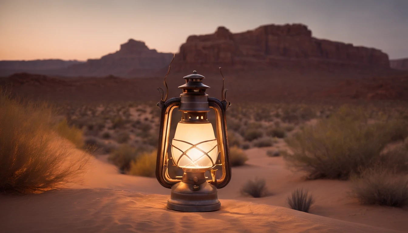A moonlit desert oasis with an ancient, ornate lamp glowing in the foreground.