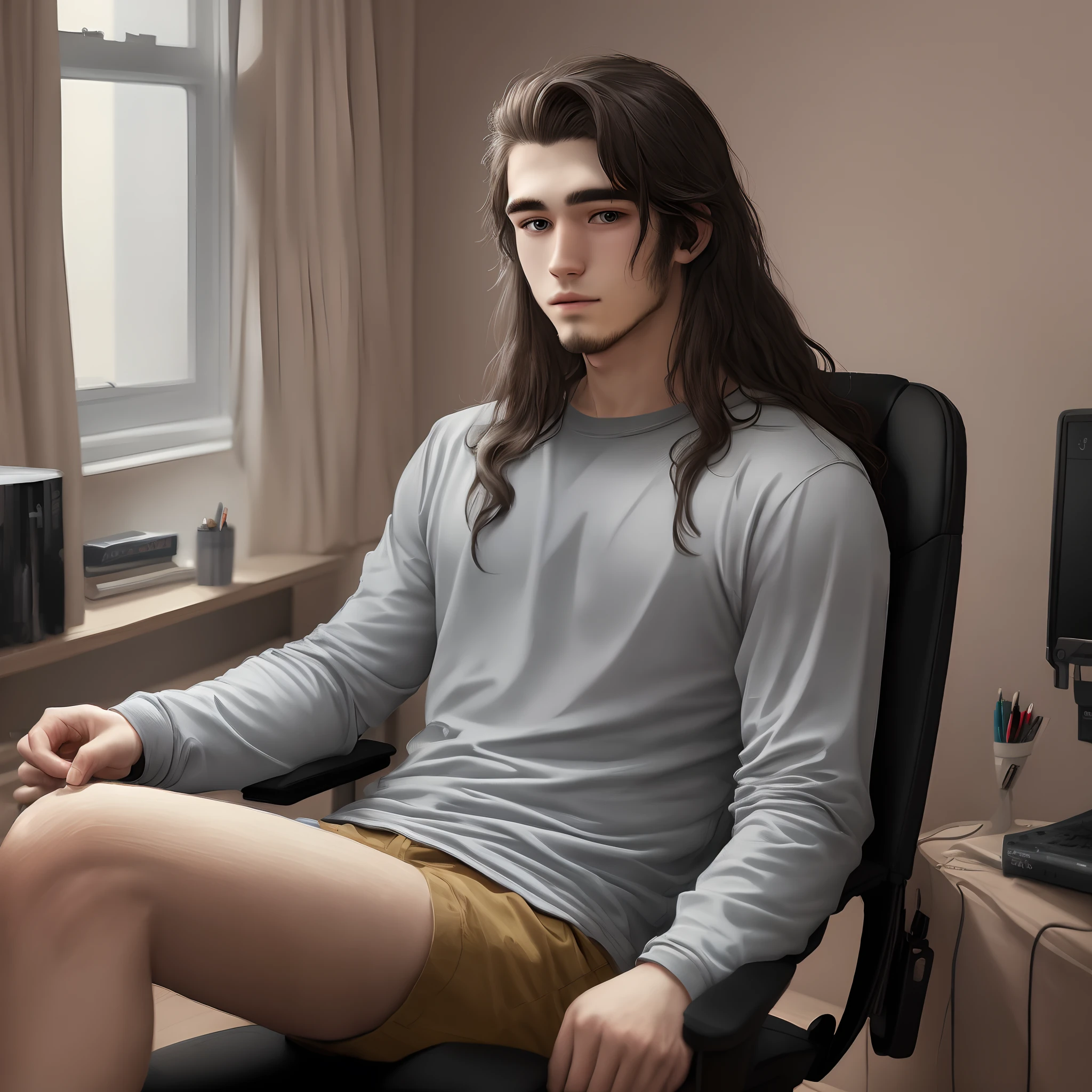 Asian man, handsome, short black hair swept back styled with hairspray, transparent lenses, wearing gray plain v neck sweater, no panties, with a big erect penis masturbating, wearing oily black socks and shiny black shoes, sitting in his office in a black leather chair, with legs open, staring, in night light