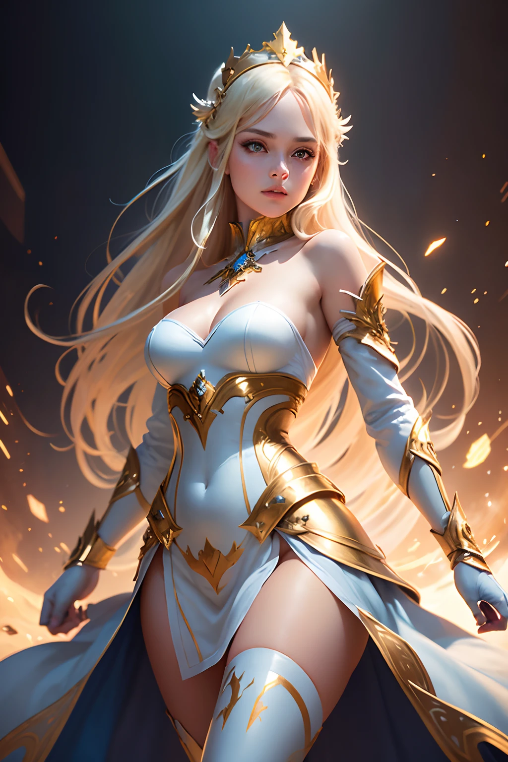 solo, super fine photo, portrait digital art Unreal Engine 5 8K UHD of a girl, concept art, character concept design, wearing white tight shiny dress with metallic details, gold crown, blue eyes, fantasy princess, metallic glove, long blonde hair, best quality, masterpiece, super detailed, sharp focus, female pose