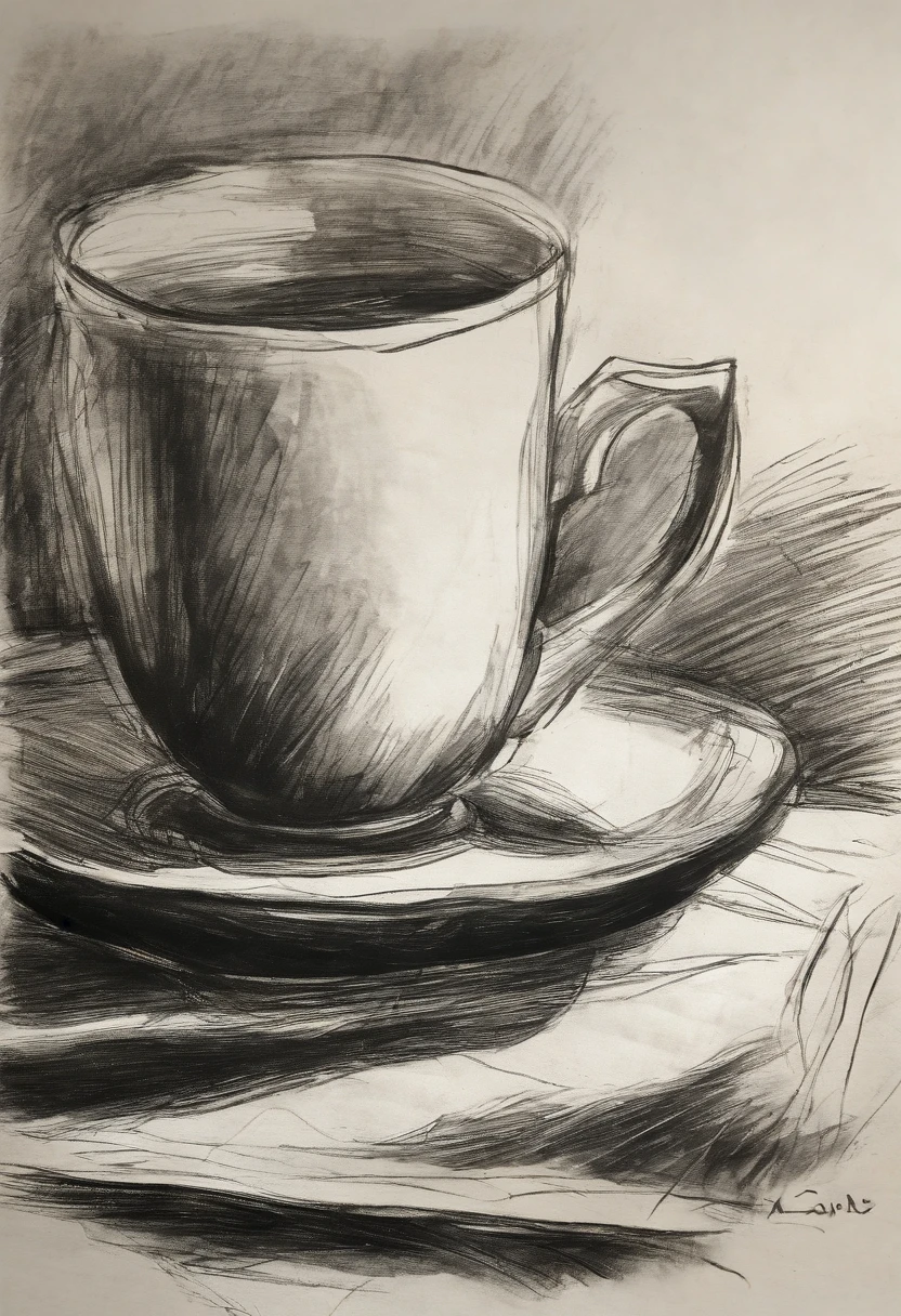 Rough coal sketch on old paper, Neat line art,+Lines of expression,Paint in an expressive sketch style, hatching, black and white sketch, hand drawn, Rough coal sketch on old paper, Neat line art,+Lines of expression,Paint in an expressive sketch style, hatching, black and white sketch, hand drawn, sketchpad, Linear style::Sketch Notes Style Sketch, Linear style::Sketch annotation style, Photo of a cup of tea, 1 mug, A cup of tea