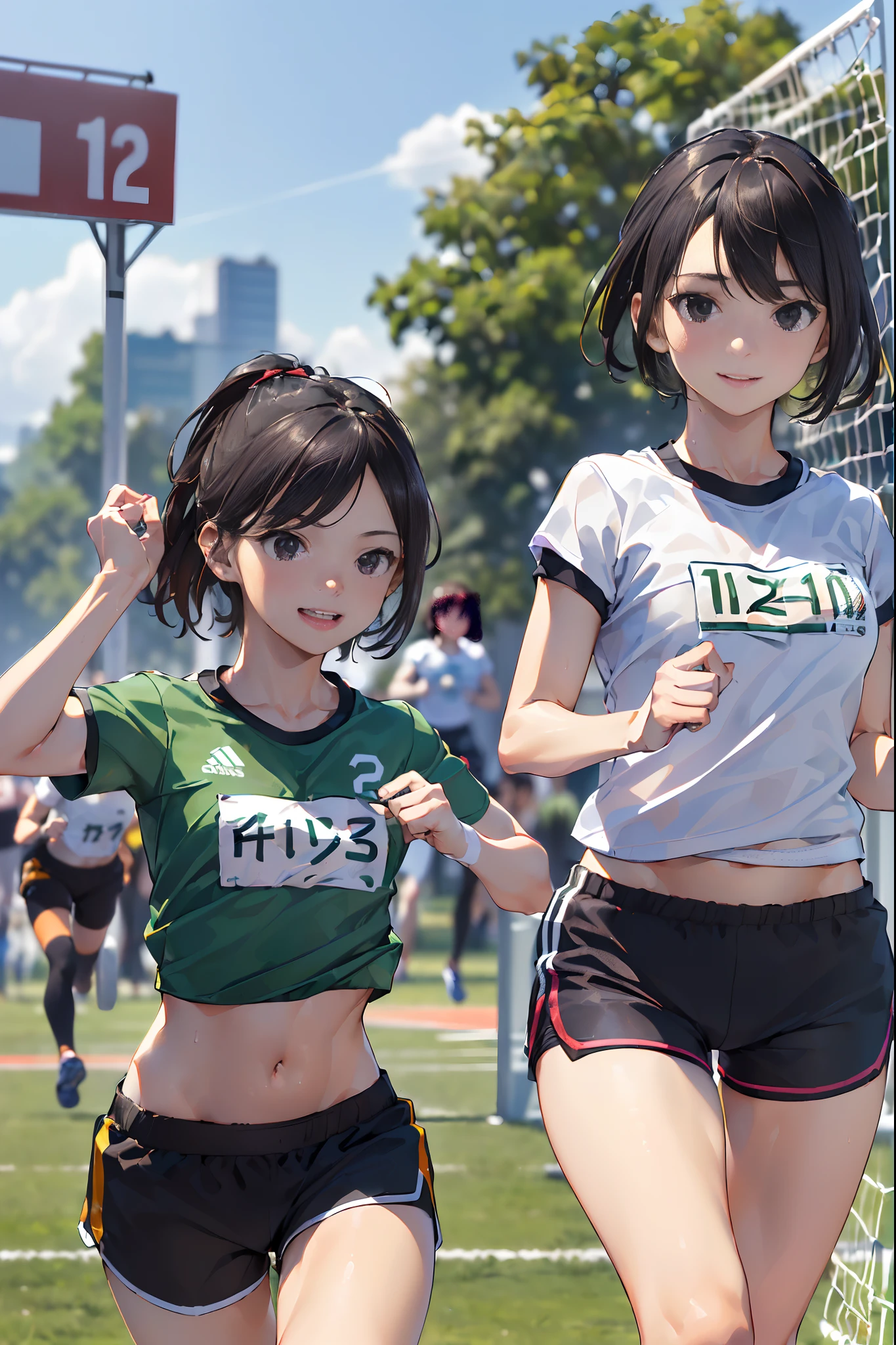 (in 8K, Best Quality, masterpiece:1.1, ultra detailed:1.2), ((realistic:1.3, photo realistic:1.5, dutch angle:1.2, NSFW)), ((1 running Girl:1.5)), ((Fine and beautiful black eyes:1.5)),(),from the front,((Finishing in first place and in running front of the goal tape:1.5,Athletics:1.2,5 girls runners behind,sports day:1.2)),(simple gym clothes:1.5,short sleeve and shorts:1.5),short hair,happy smile:1.2,(outdoor:1.2),clearsky,