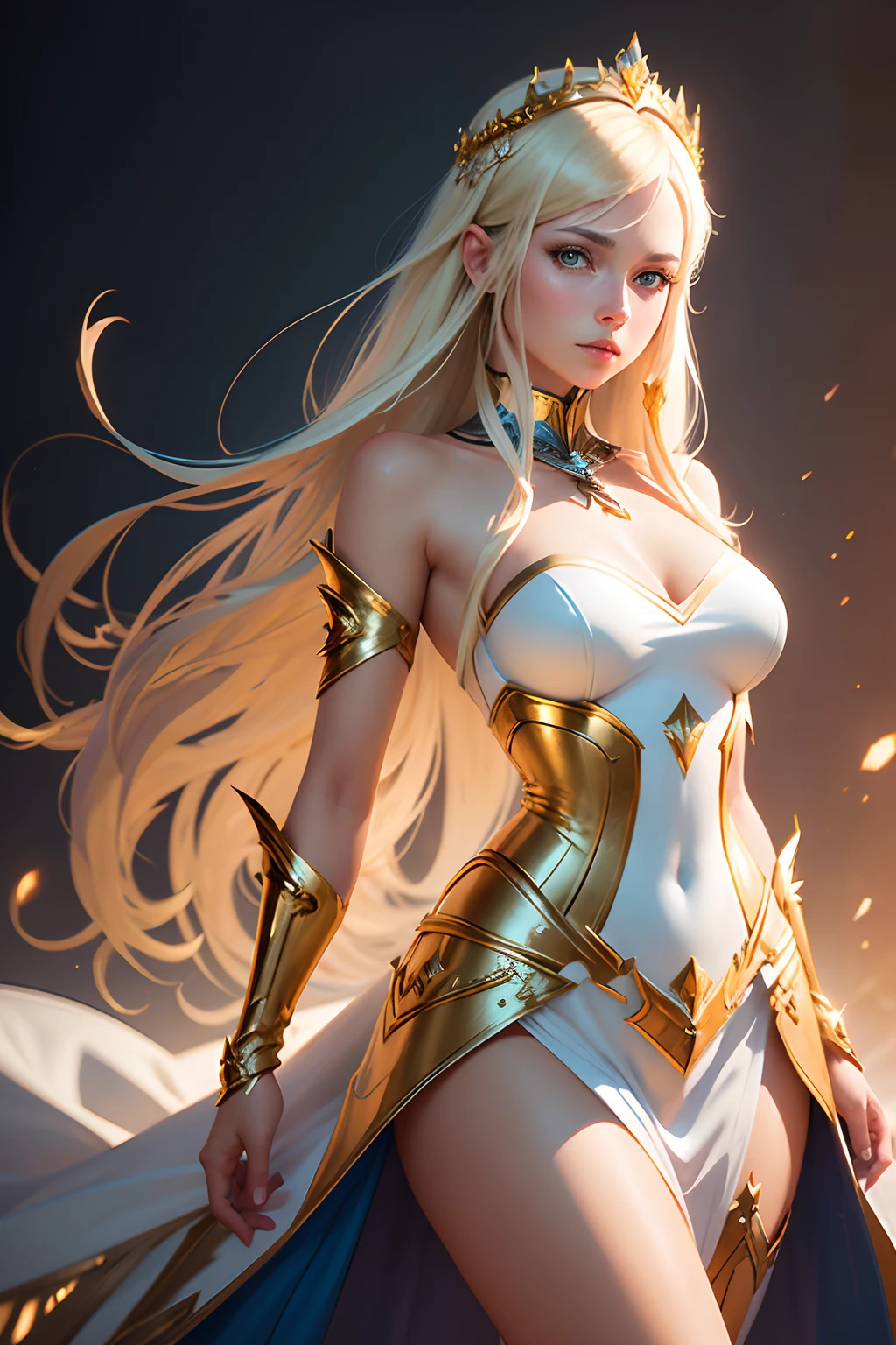 solamente, super fine photo, Unreal Engine 5 8K UHD digital artistic portrait of a girl, Arte conceptual, character concept design, usando un apretado, bright white dress with metallic details, corona de oro, ojos azules, fantasy princess, guante metalico, cabello largo y rubio, La mejor calidad, Obra maestra, super detailed, sharp focus, pose  Sujestiva y sexy y inocente y