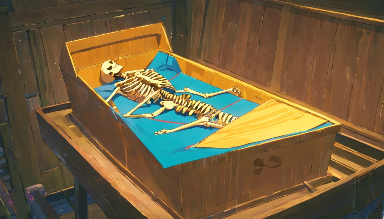 A pair of bones is placed in a coffin