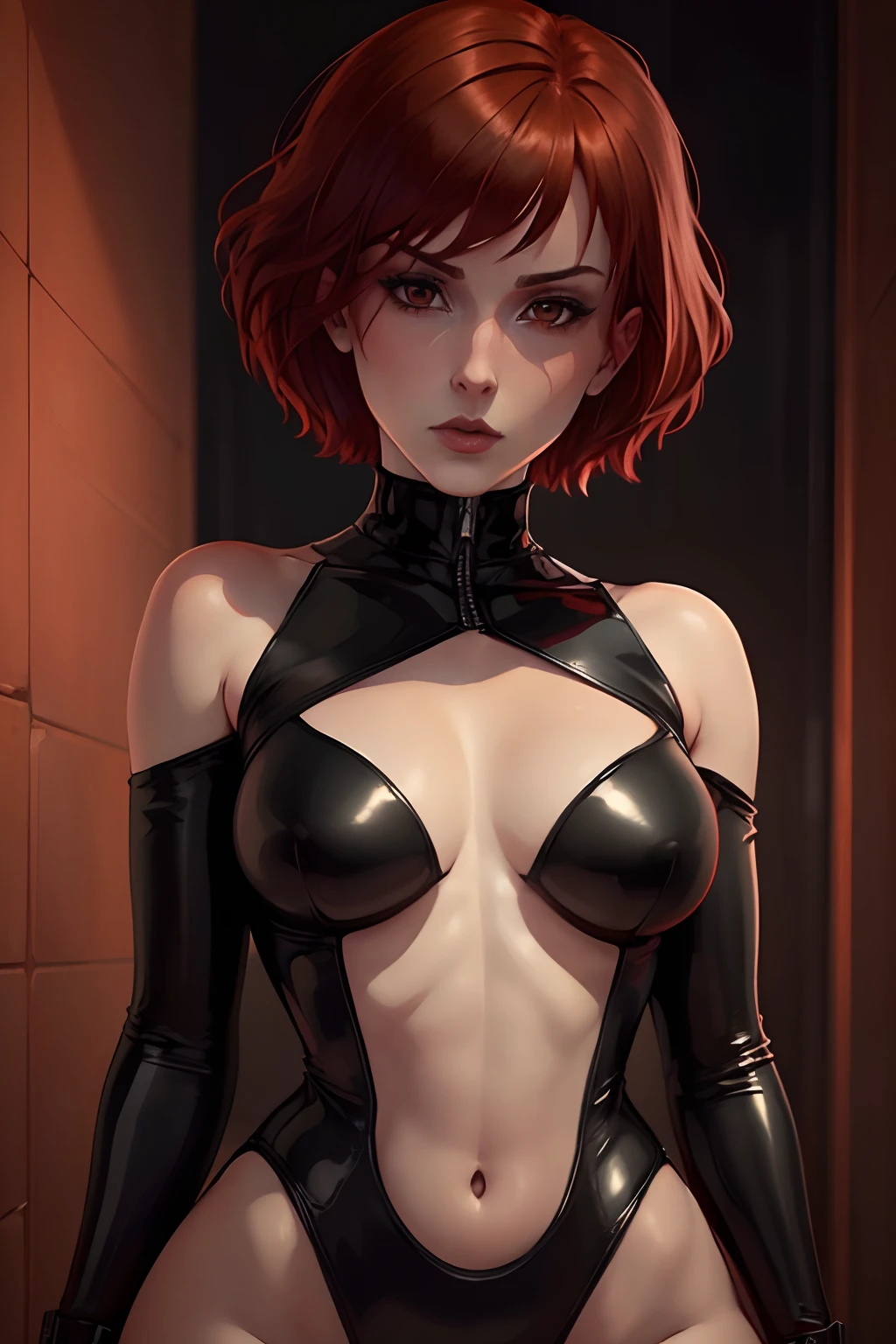 (best quality,highres,masterpiece:1.2),ultra-detailed,realistic,portrait,redhead woman with short red hair and bangs, pale skin, slender body, sensually posing in a black leather outfit, Catwoman style, anime style, black and red color scheme, intense lighting