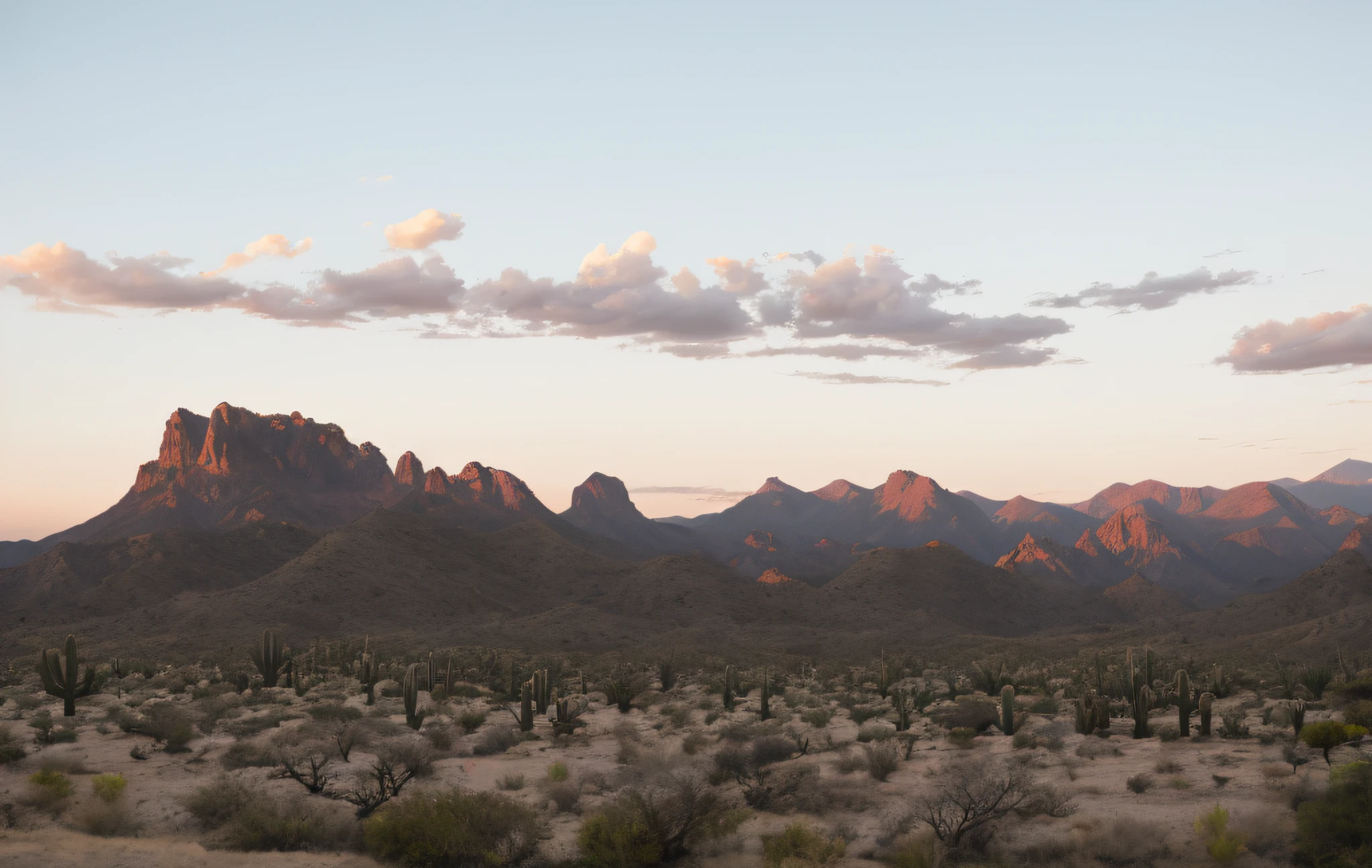 As night fell,evening light,early evening,A ray of sunset finds the hills,There are several cacti in the distance