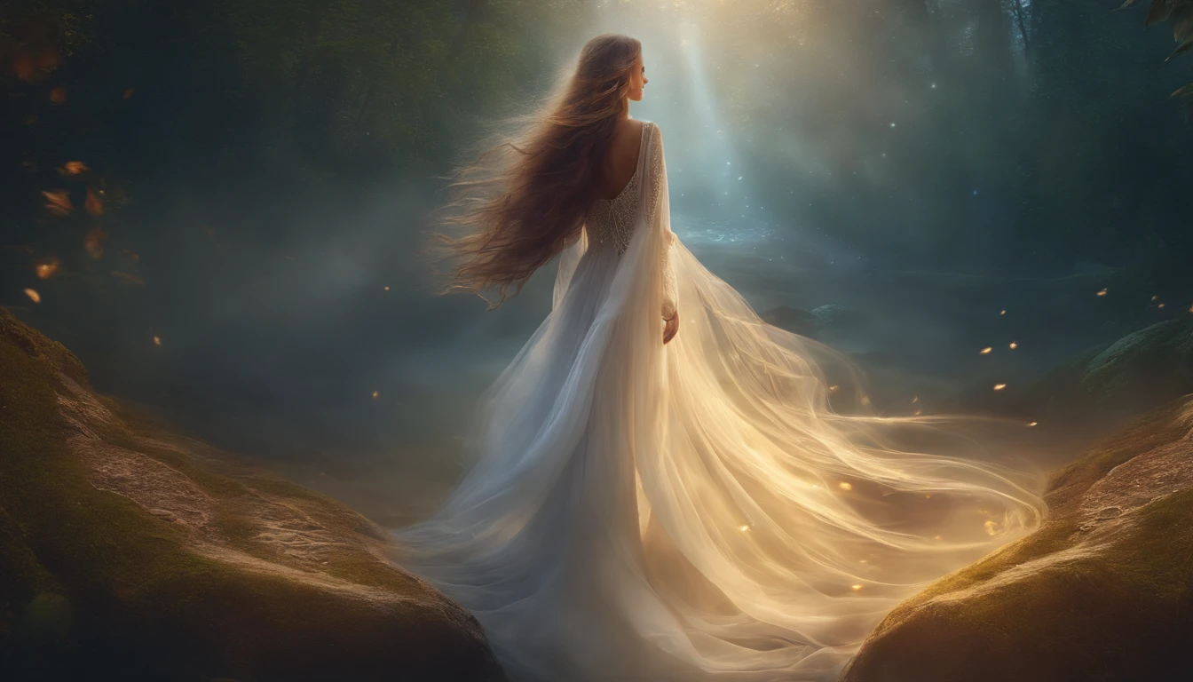 an angel ascending, long blond hair, white sheer dress, sunlight background, golden wings