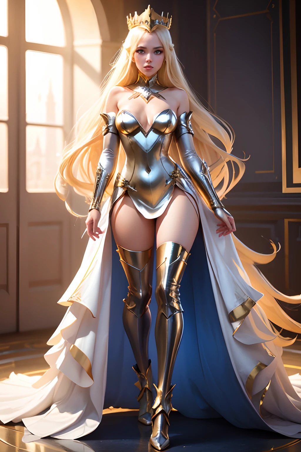 solo, super fine photo, full body digital art Unreal Engine 5 8K UHD of a girl, concept art, character concept design, wearing white tight shiny dress with metallic details, gold crown, blue eyes, fantasy princess, metallic glove, long blonde hair, best quality, masterpiece, super detailed, sharp focus, female pose
