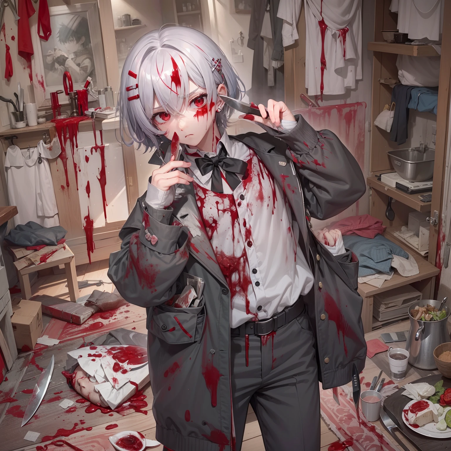 Unpleasant frown of a boy who loves knives in a house、Niccoli holding a knife in one hand、Psychopath horror、Bloody、Blood droplets、Kawaii hair clips、Nose bandage