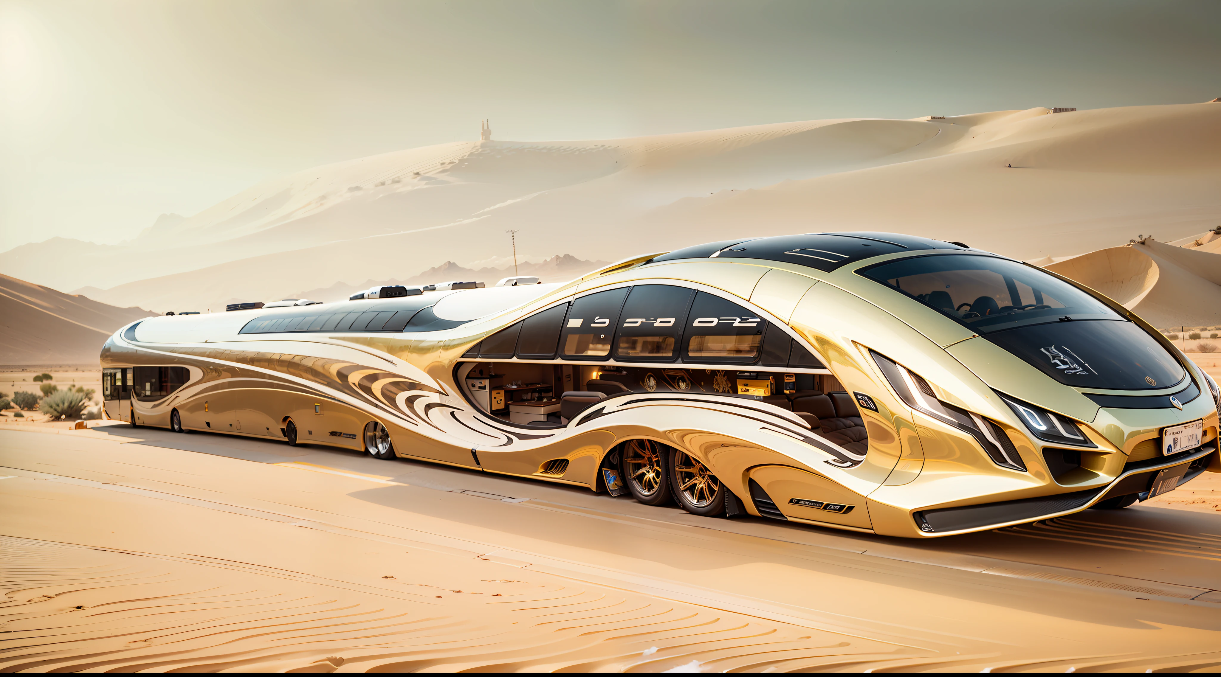 Arabian sci-fi luxury motorhome . A sci-fi fusion of Arabian luxury motorhomes,The entire body is covered with gold trim,inlaid gemstones,Arabic decorative motifs,A flat statue of a silver eagle adorns the front of the car,A large number of high-tech products,Streamlined,.The design is perfect, Combining high-tech and Arabian characteristics.The fuselage is streamlined, moving rapidly,The rear is slightly raised,Improve aerodynamic efficiency. . The body is dominated by gold, Bold, white and black. It may also have Arabic inscriptions on its body,More visible on the road。Under the light, It shows a more luxurious effect, Add a sense of technology to luxury motorhomes. . The background may be in the desert outside the future Arab megacities,Perfectcomposition,the detail,The light and shadow work best,HighestQuali,tmasterpiece