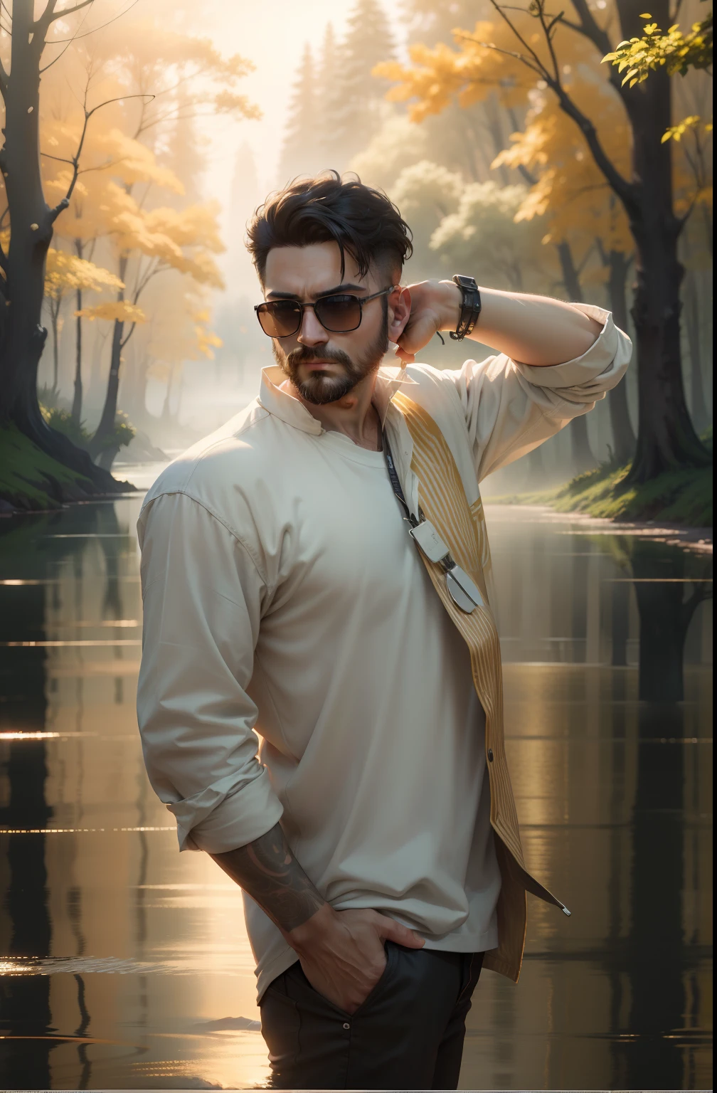 Background change , cool picture, stylish dressing, oil painting, 8k quality, 4K quality, wearing white T-shirts, with a light-hued Christmas background with white and gold accents.Analog style,ChromaV5,nvinkpunk,(extremely detailed CG unity 8k wallpaper),An image of a majestic river, trees on the sides, tiny waterfall, intense fog ,award winning photography, Chromatic Aberration, Detailed , HDR, Bloom, style by Monet, Pissarro, and Sisley ,trending on ArtStation, trending on CGSociety, art by midjourney