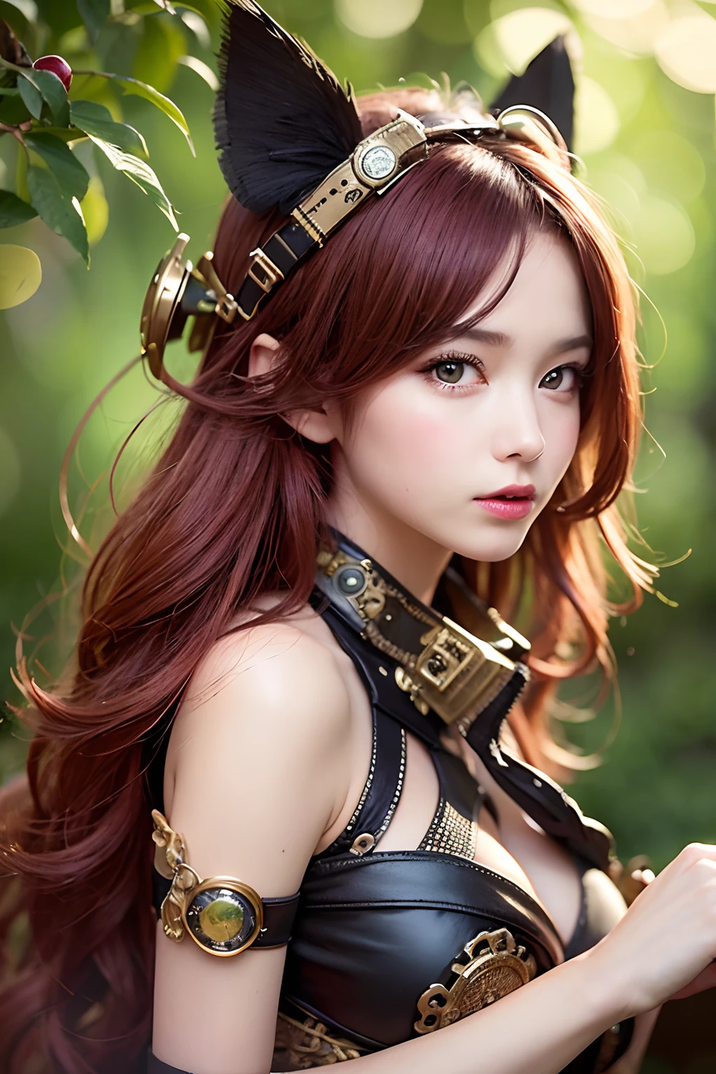 (steampunk art), Apple orchard, Big red apple in a coniferous forest, Bokeh, glare, Radiance, Fantasy, Fairycore, high resolucion, images, Sexy girl with green eyes and red hair, Bar, (Sexy Pose), (wetclothes)