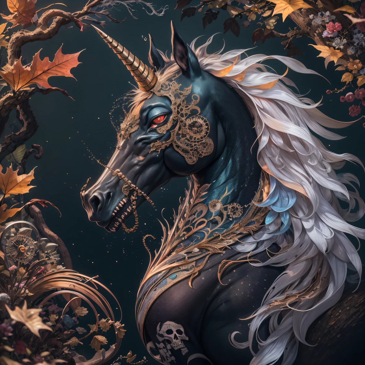 sticker design，Sticker white border，metal skull，joyful expressions，Peacock feather decoration，Plastic polished surface，Steampunk master creation，32KNSFW（tmasterpiece，k hd，hyper HD，NSFW）Flowing short hair，Backroom pond，zydink， a color， Asian people （A unicorn）， （Silk scarf）， Combat posture， looking at viewert， Shiny black floating hair， Hanfu， Chinese clothes， longer sleeves， （abstract ink splash：1.2）， Afternoon background，Horse unicorn beast（realisticlying：1.4），Fallen leaves flutter，The background is pure， A high resolution， Detai National Natural Science Foundation， RAW photogr NSFW， Sharp Re， Nikon D850 Film Stock Photo by Jefferies Lee 4 Kodak Portra 400 Camera F1.6 shots, Rich colors, ultra-realistic vivid textures, Dramatic lighting, Unreal Engine Art Station Trend, cinestir 800，NSFW