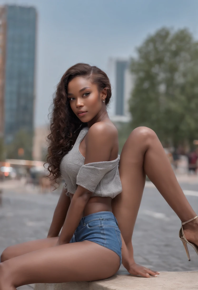 stocklings，((Dark African skin, Very deep ebony skin)), ((Its beauty is undeniable)), ((Cute and excited face)), ((Ultra-detailed perfect eyes,)), ((Cute pose)), ((Output language)), ((attractiveness )), Sexy, (( Skinny knit shirt, Shorts court shoes sexy)), ((African curly African hair African ponytail African,)), (( The skin)), ((Get up, up front view)), ((Touch your legs in a sexy pose)), ((do lado de fora, Public cities)), CGI ciblé, Fotorrealista, High detail, hentail realism, Master parts, absurderes, Best quality, hdr, high high quality, k hd, extremely detaile, 8K wallpaper, Intricate High Details, 8K  UHD, Full-HD, (photo realist:1.2), contrast, strong illumination, Light cinematic, Natural lighting, hard light, Contre-Jour, globalillumination, Environmental occlusion