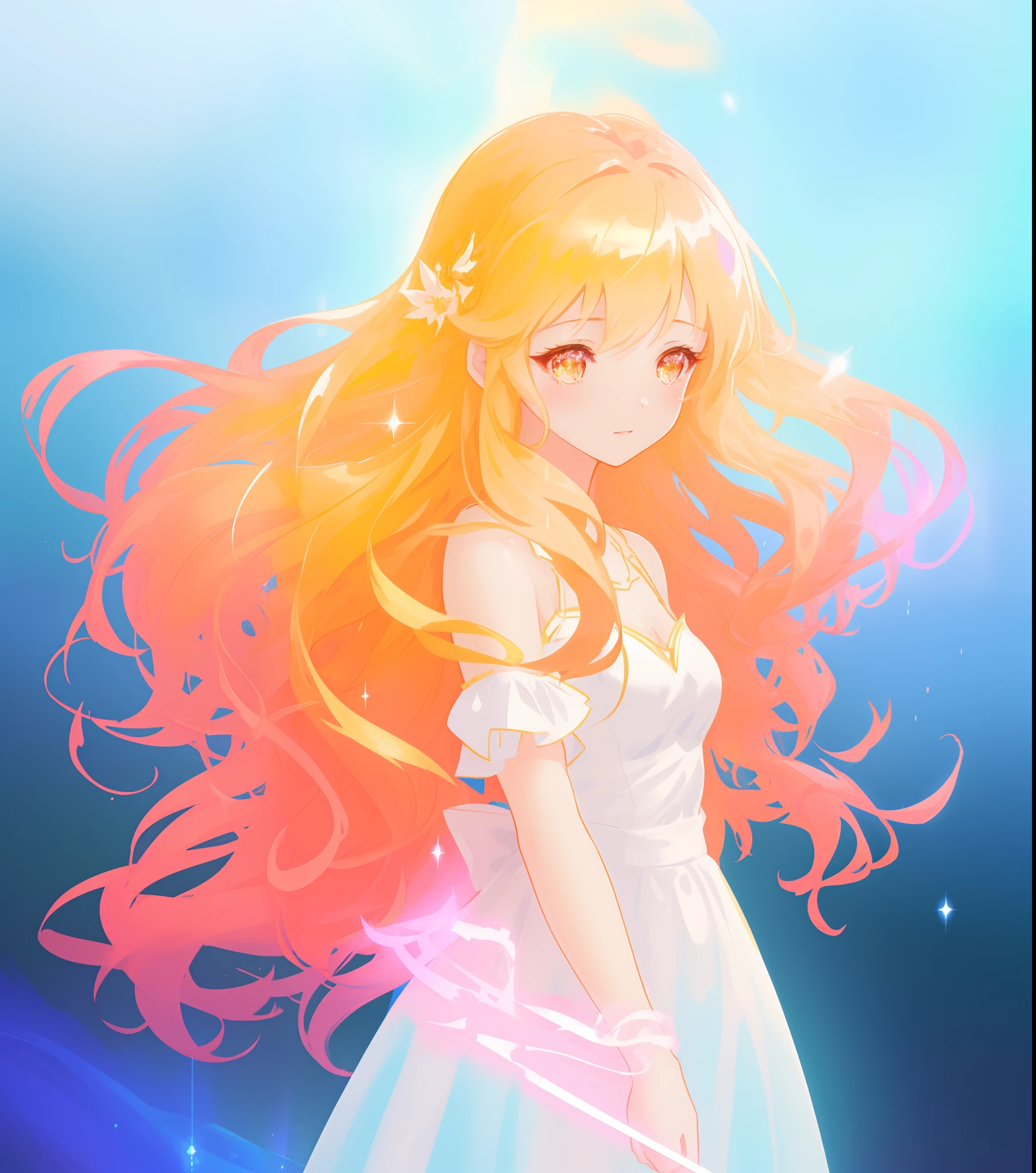 beautiful anime girl in white princess ballgown, vibrant pastel colors, (colorful), magical lights, red and gold long wavy hair, sparkling lines of light, inspired by Glen Keane, inspired by Lois van Baarle, disney art style, by Lois van Baarle, glowing aura around her, by Glen Keane, jen bartel, glowing lights! digital painting, flowing glowing hair, glowing flowing hair, beautiful digital illustration, fantasia background, whimsical, magical, fantasy, beautiful face, ((masterpiece, best quality)), intricate details, highly detailed, sharp focus, 8k resolution, sparkling detailed eyes, liquid watercolor