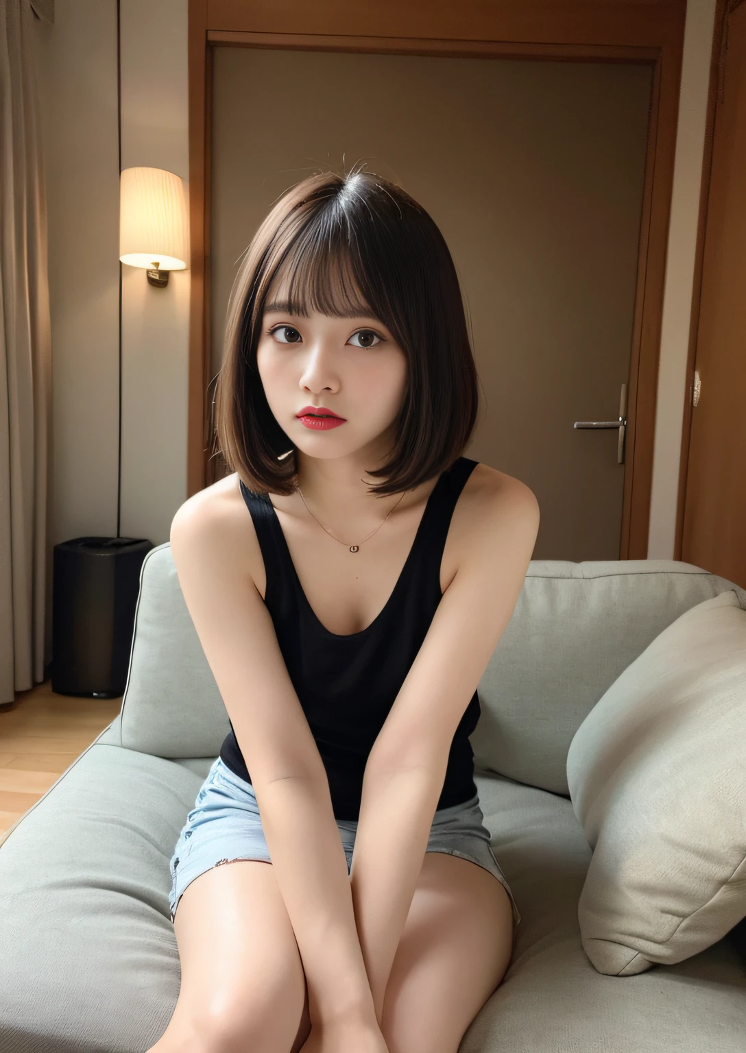 ((Best Quality, 8K, Masterpiece: 1.3)), 1 girl, full body, slim face, beautiful woman, (short dark brown hair), white sleeveless shirt,fitted skirt, ultra-detailed face, detailed eyes, evening, head down, sitting on sofa in living room, dark light, blurred background,