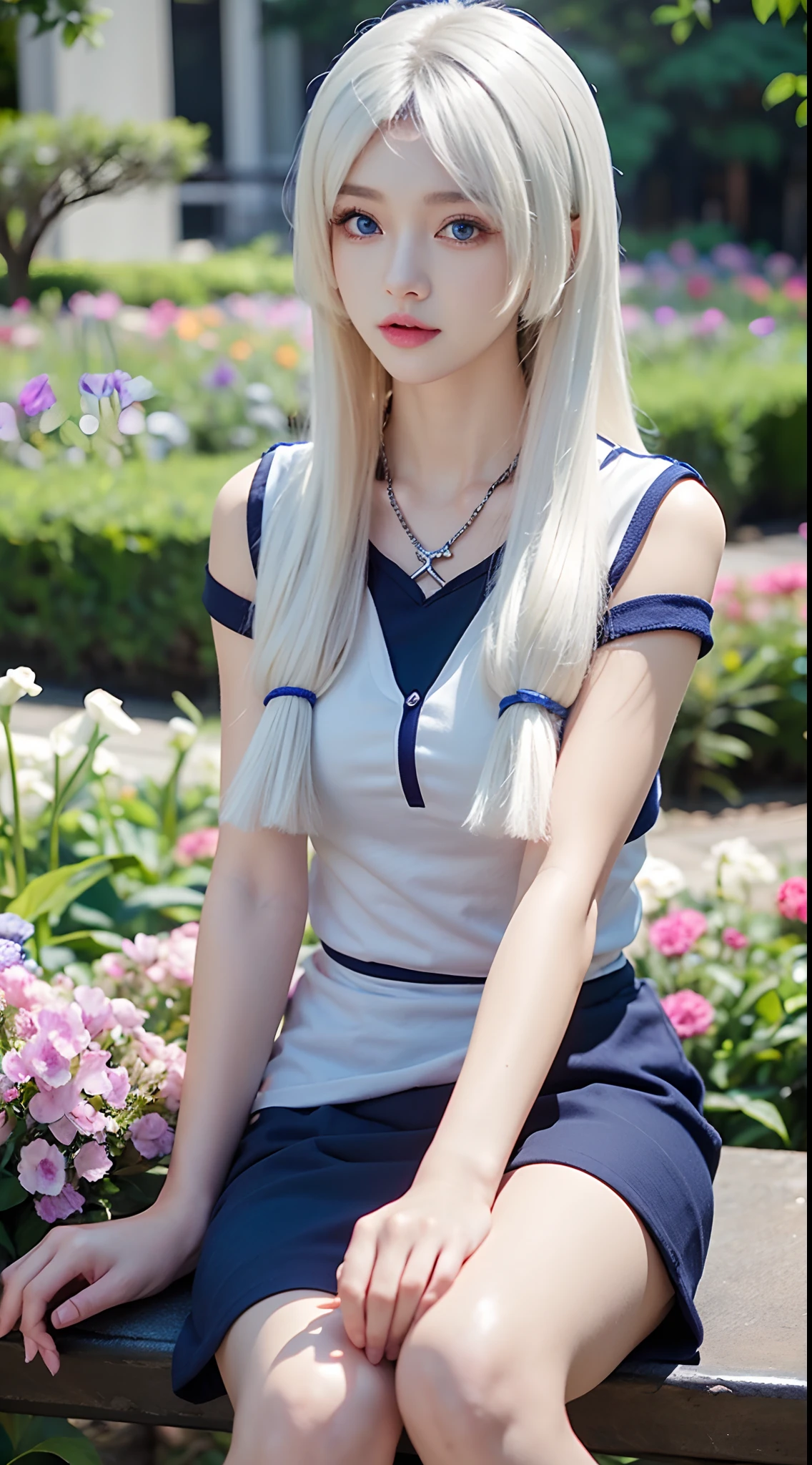 HDR,Detail ,Kagura mobile legends, long white hair, blue eyes, wearing a necklace, looking at viewer, Soft white t-shirt, black short skirt, sitting in the flower garden