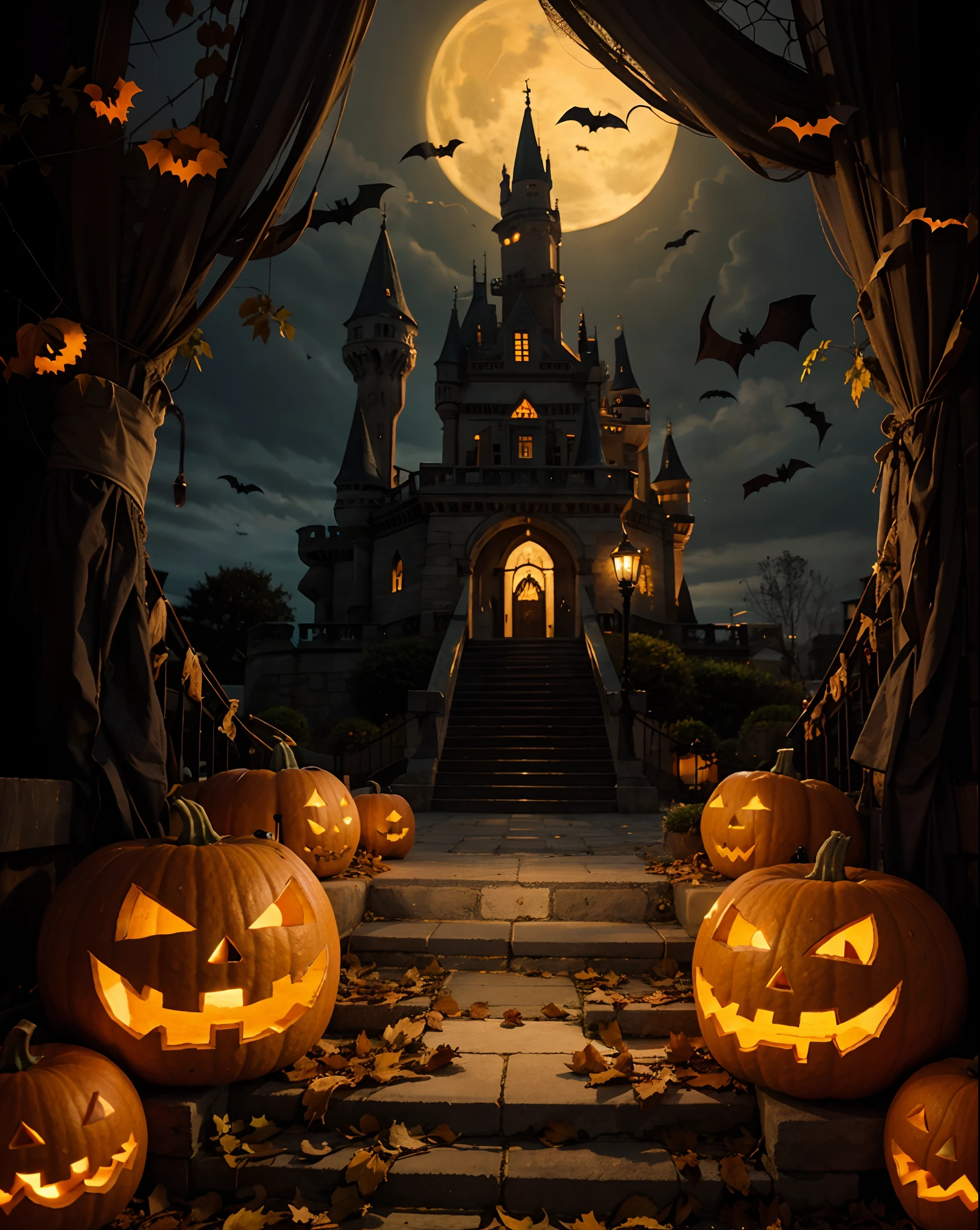 halloween, stairs, pumpkins, castle