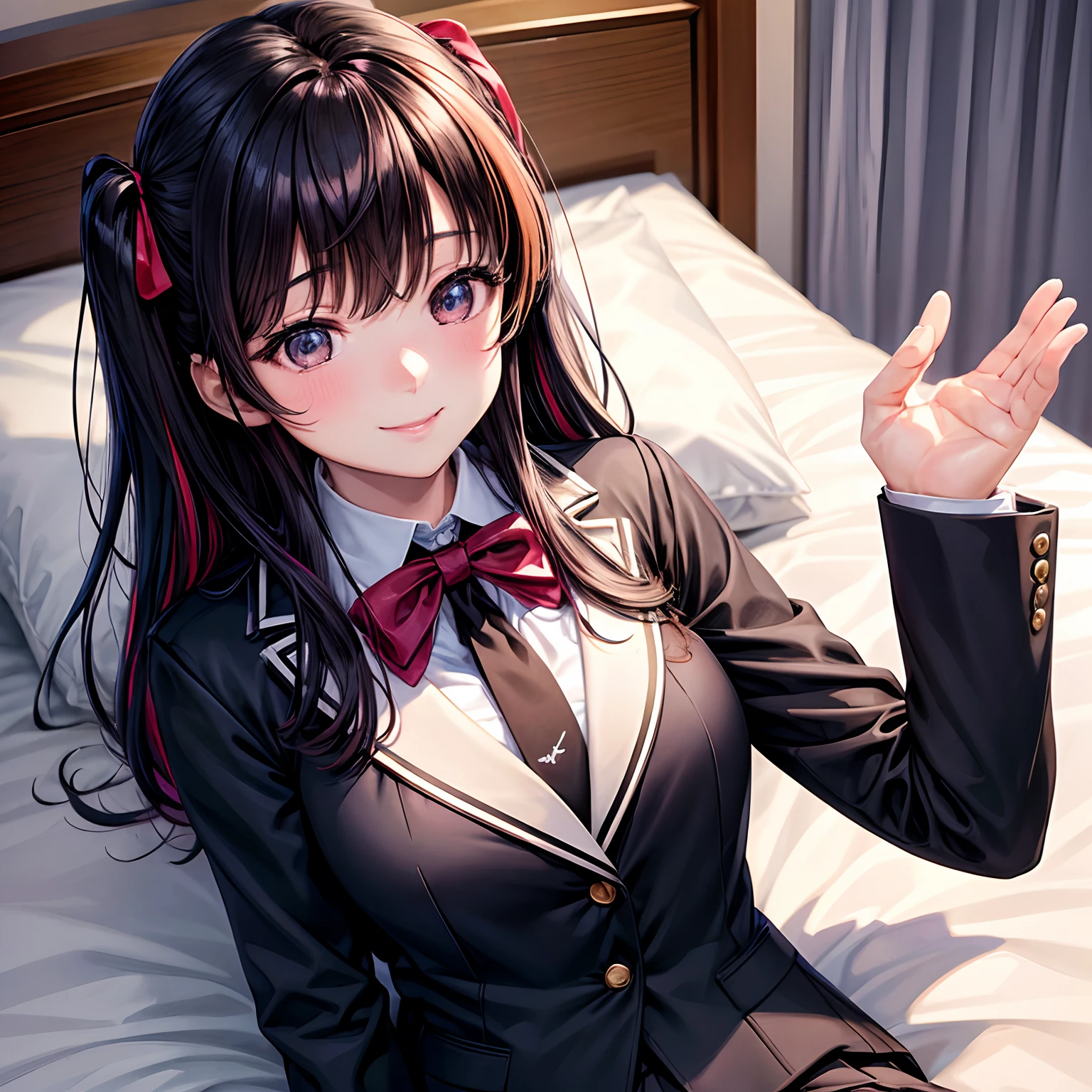 Honoka Takasaka,a beauty girl,girl with,A smile,Black School Uniforms,Ribbon on Blazer,top-quality,masterpiece,Colossal tits,超A high resolution,multicolored hair,Excellent style,Perfect facial features,a beauty girl,modeled,girl,a bed,