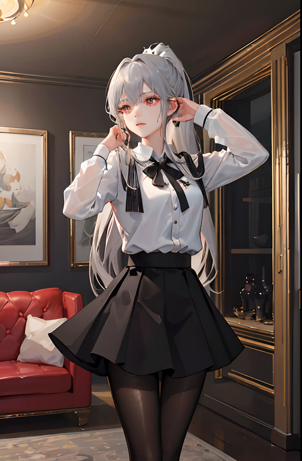 1 girl! Ray tracing, best shadows, high resolution (dim lighting) detailed background (living room) fluffy silver hair, plump and slender girl, high ponytail avoiding golden eyes in the ominous living room (girl wearing white shirt, black wrinkled skirt, with black transparent pantyhose), showing a delicate slim figure and graceful curves, correctly positioned and reasonable limbs! Put your hands behind your head, stand dignified, facial details! Delicate facial features, pay attention to the position details of the legs! Pay attention to hand details! High quality! More eligible! Reduce mistakes, fine drawing, ultra-detailed CG, more reasonable picture! Pay attention to finger details! 8k wallpaper, masterpiece level.
