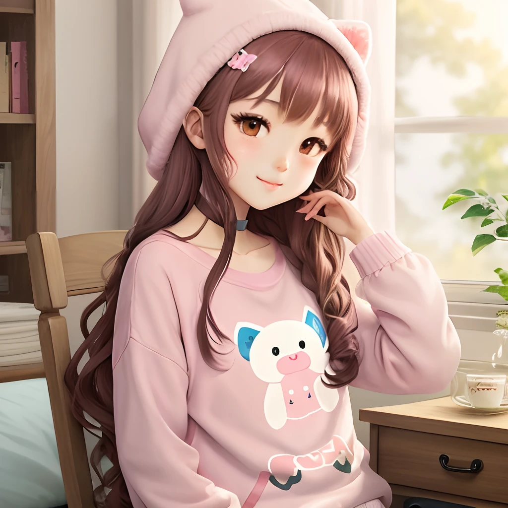 Kawaii pink brown skin anime girl in comfy clothes
